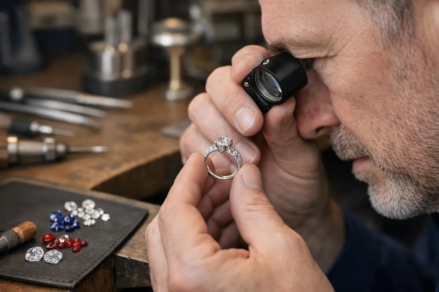 Professional jeweler examining custom diamond engagement ring under magnifying loupe at luxury workbench with precision tools and gemstone selection, artisanal French craftsmanship workshop environment
