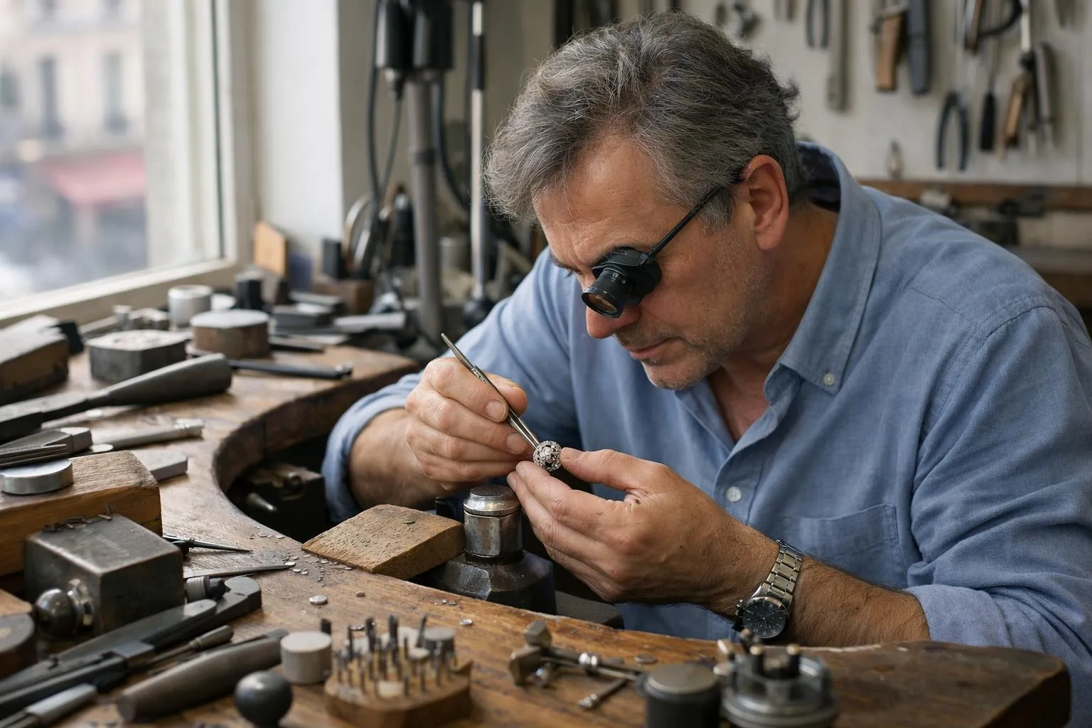 Artisan joaillier parisien travaillant minutieusement sur une bague en diamant dans son atelier traditionnel sous lumière naturelle, avec outils de précision et établi en bois, ambiance intime de Saint-Germain-des-Prés