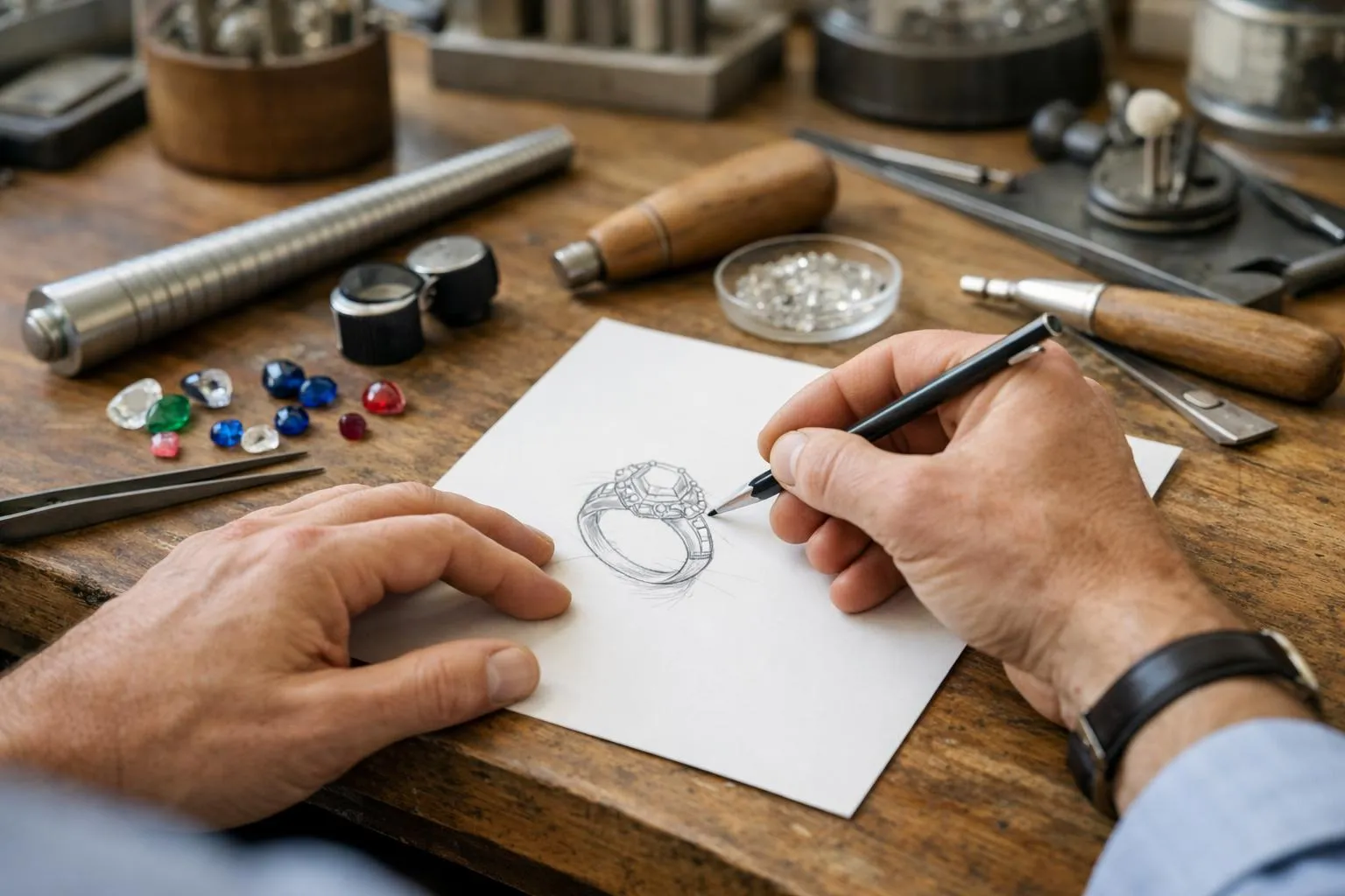Joaillier parisien dessinant une esquisse de bague sur papier avec des crayons à mine fine, entouré d'outils d'orfèvre et de pierres précieuses sur un établi élégant dans un atelier lumineux