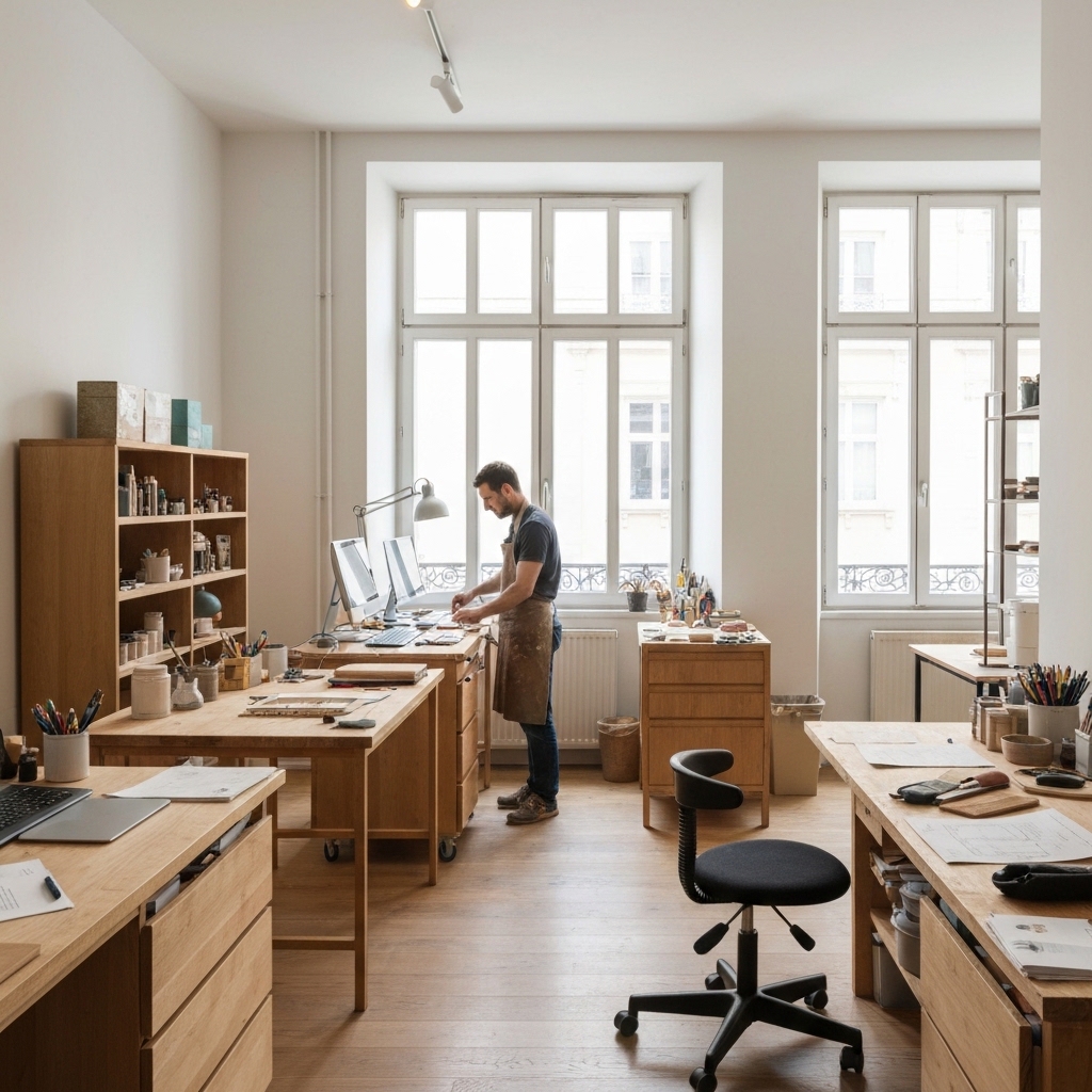 Elegant Parisian jewelry atelier with natural light streaming through tall windows, artisan working at wooden bench with sustainable materials, refined workspace showcasing ethical luxury craftsmanship