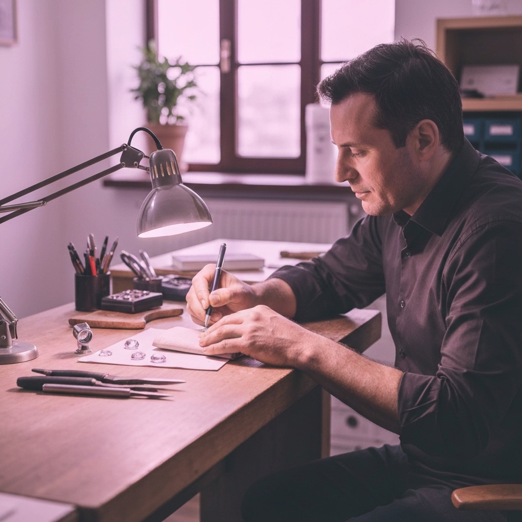 Artisan jeweler's hands delicately setting precious stones on custom ring, workbench with magnifying lamp and tools, soft natural light in elegant Parisian workshop