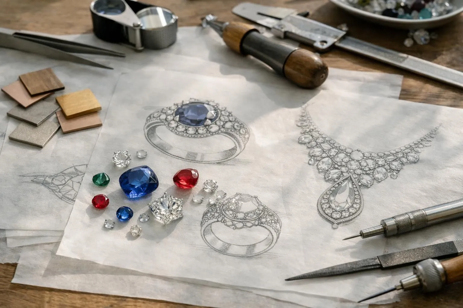 Elegant workspace in haute joaillerie atelier showing detailed jewelry design sketches on vellum paper, scattered precious gemstones (sapphires, diamonds), gold and platinum metal samples, precision tools, natural daylight filtering through workshop windows, professional craftsmanship atmosphere, no text or logos visible