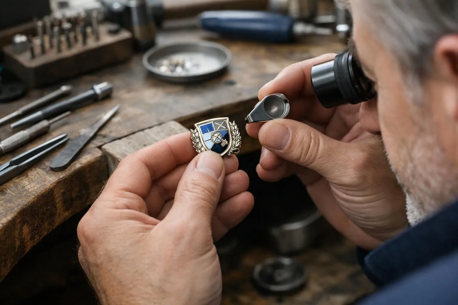 French master jeweler in traditional Parisian atelier examining custom corporate jewelry piece with magnifying loupe, surrounded by precision tools and sketches on wooden workbench under natural window light, showcasing artisanal craftsmanship