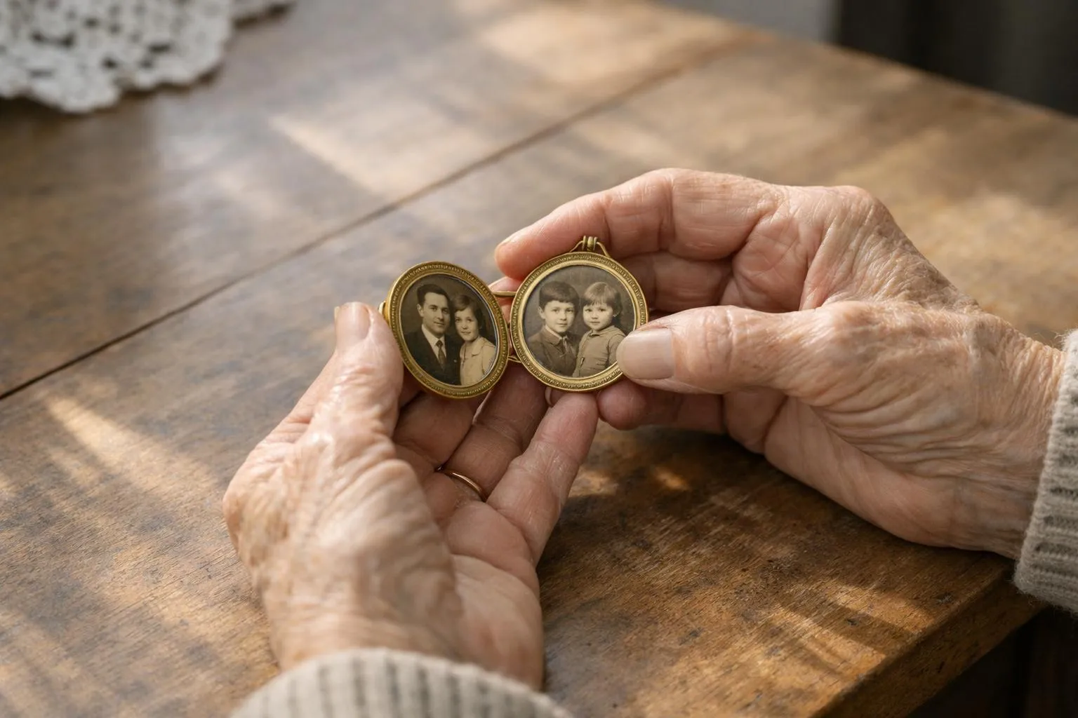 Elderly woman's weathered hands gently cradling an antique gold locket opened to reveal faded sepia family portraits, sitting at wooden table with soft window light casting warm shadows, emotional heirloom moment capturing generational connection