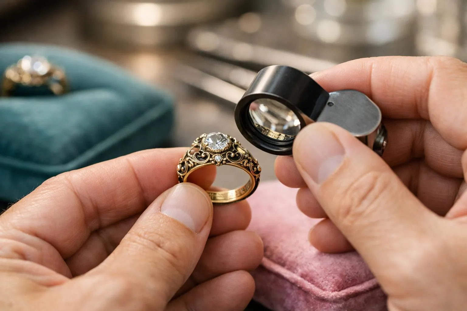 Close-up of expert jeweler's hands examining antique gold ring with ornate Victorian details under magnifying loupe in elegant Parisian atelier, professional lighting highlighting metal hallmarks and gemstone setting, luxury workshop atmosphere with velvet display cushions