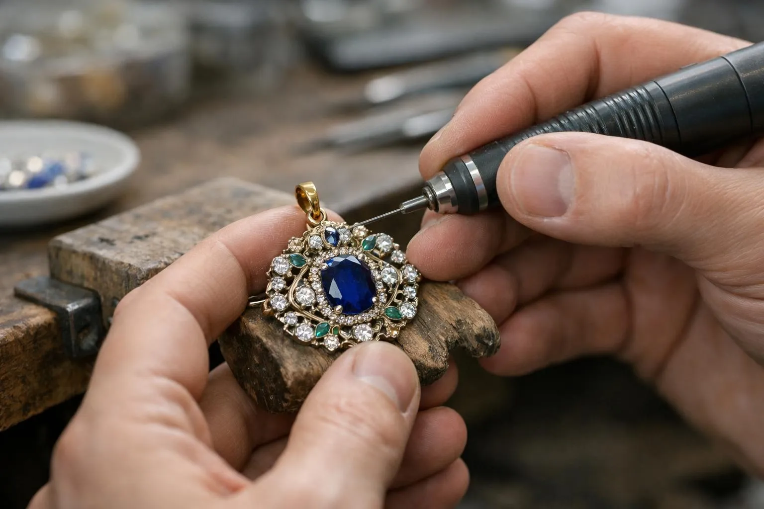 Close-up of expert jeweler's hands delicately working on transforming a vintage gold brooch with gemstones into a modern pendant necklace, elegant workshop with soft natural lighting, luxury Parisian atelier atmosphere, focused craftsmanship, no text or labels visible