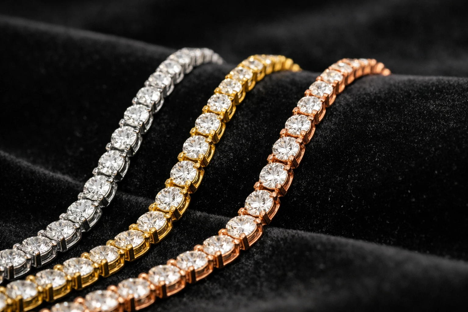 Close-up luxury jewelry photography showing three diamond tennis bracelets side by side on velvet, each featuring different precious metals - white gold, yellow gold, and rose gold - with sparkling round brilliant-cut diamonds, highlighting the metal color variations and craftsmanship details of the settings, professional jewelry studio lighting