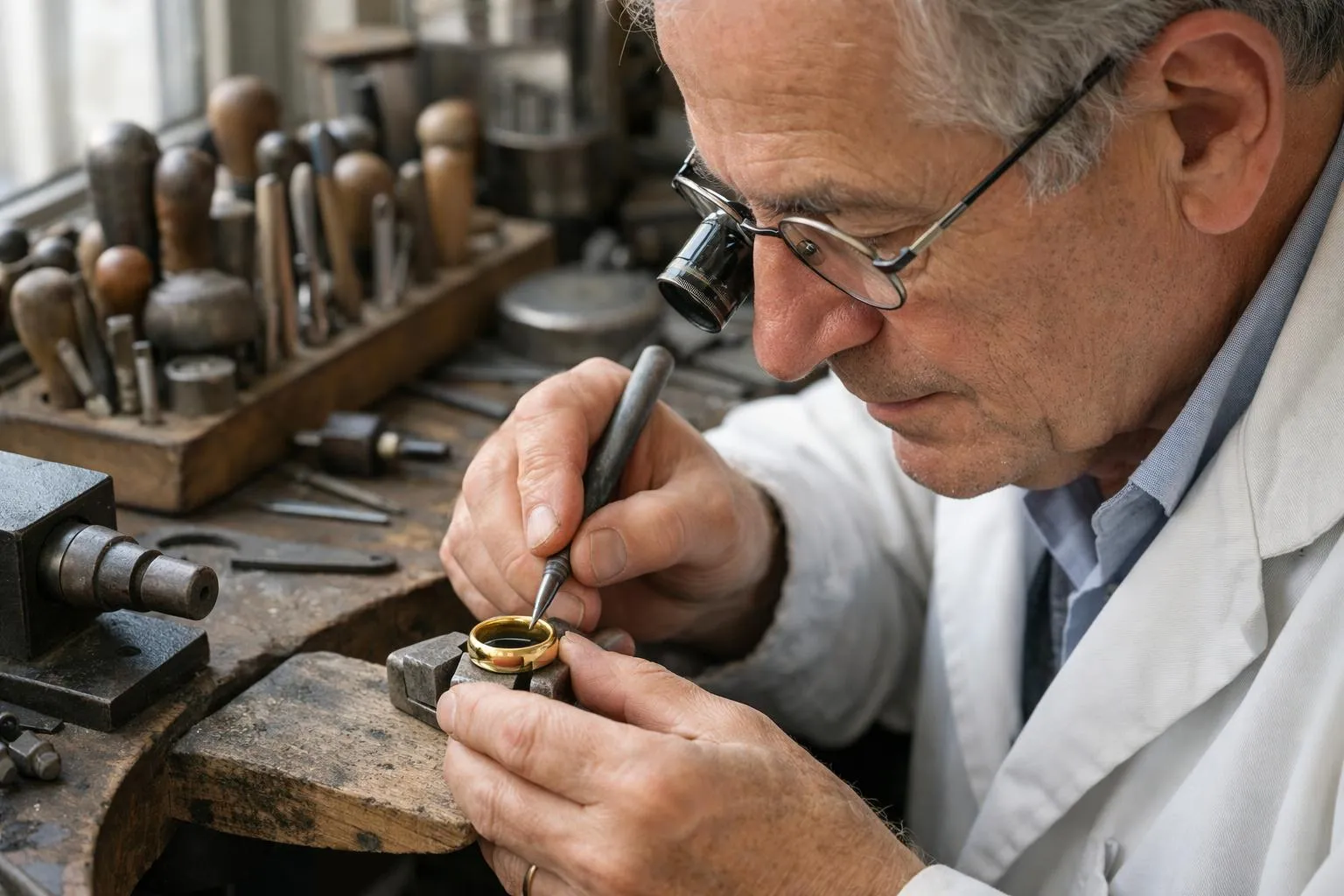 Gros plan sur les mains expertes d'un maître joaillier français gravant méticuleusement un texte personnel sur une alliance en or 18 carats, avec burin traditionnel et marteau à main, dans un atelier parisien aux établis en bois ancien illuminés par une lumière naturelle douce, outils d'orfèvre centenaires disposés en arrière-plan