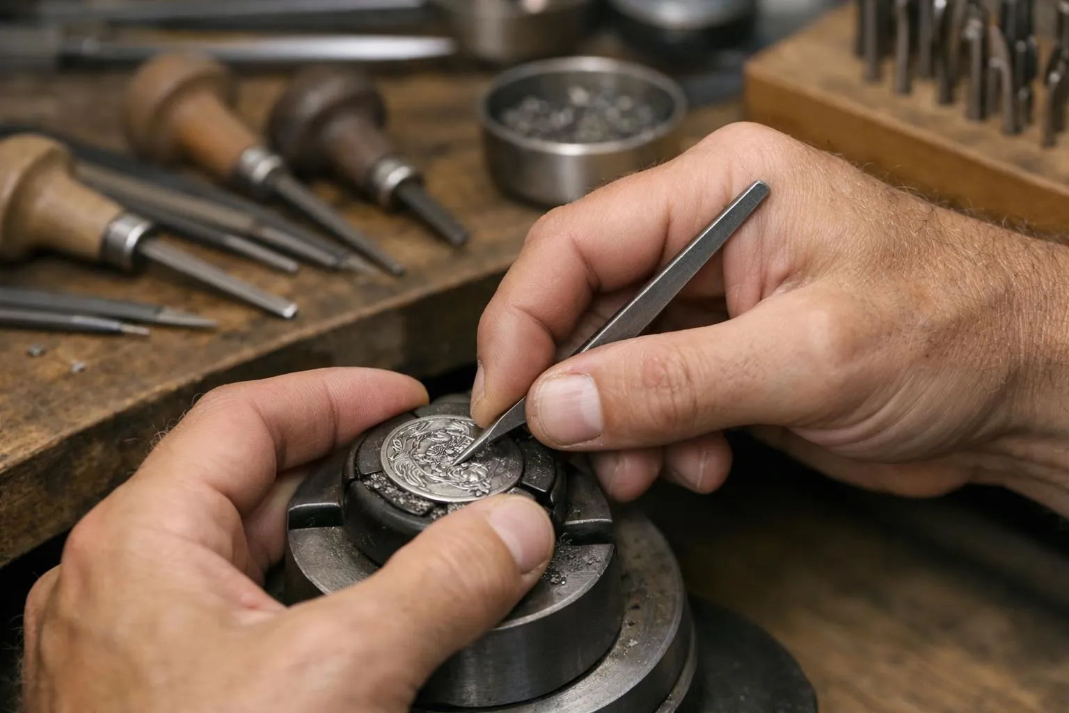 Gros plan sur des mains d'artisan joaillier tenant plusieurs burins de gravure différents, travaillant sur une surface de métal précieux où apparaissent des caractères gravés en relief et en creux, avec outils de gravure traditionnels disposés sur l'établi, dans l'atelier d'une joaillerie de luxe avec éclairage naturel, focus sur les détails des techniques de gravure artisanale