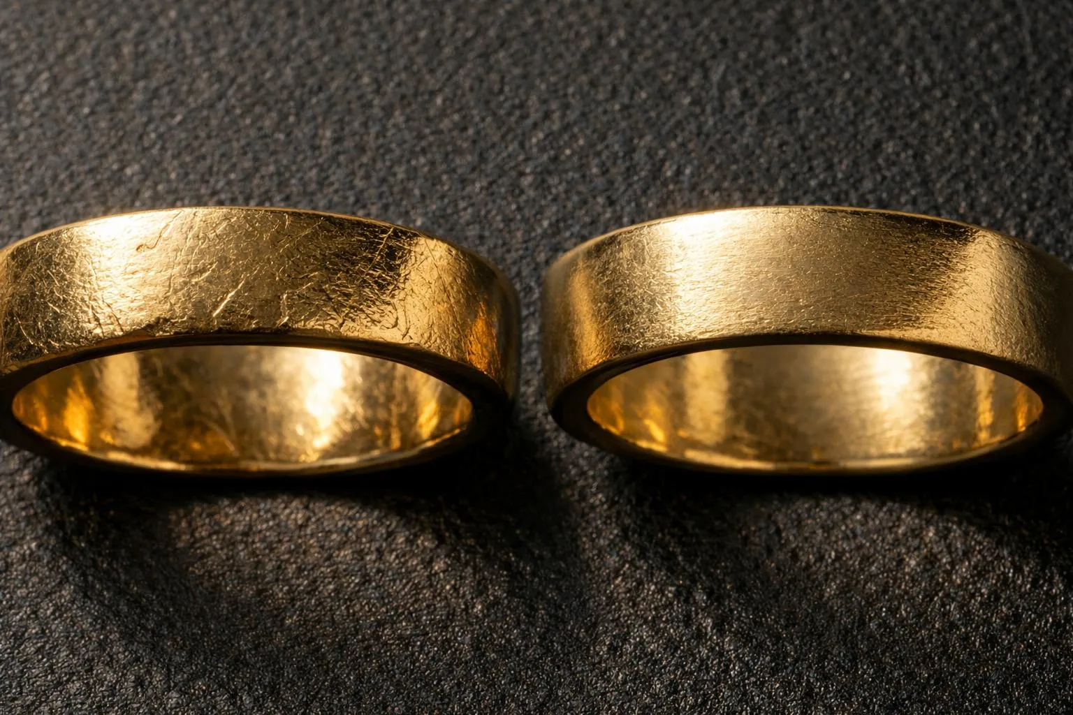Macro photograph comparing side-by-side two gold jewelry pieces with engravings under dramatic raking light, showing the visible depth difference and texture contrast between deep hand-engraved letters on left side versus shallow laser-engraved letters on right side, professional studio lighting highlighting surface irregularities