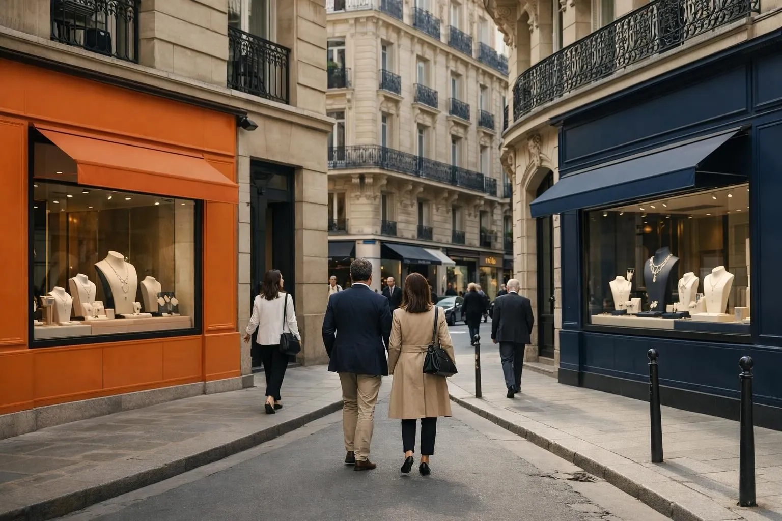 Elegant rue de la Paix in Paris 1st arrondissement showing luxury jewelry boutique facades with classic Haussmannian architecture, prestigious storefronts with refined window displays showcasing diamond jewelry, sophisticated daytime atmosphere with well-dressed pedestrians