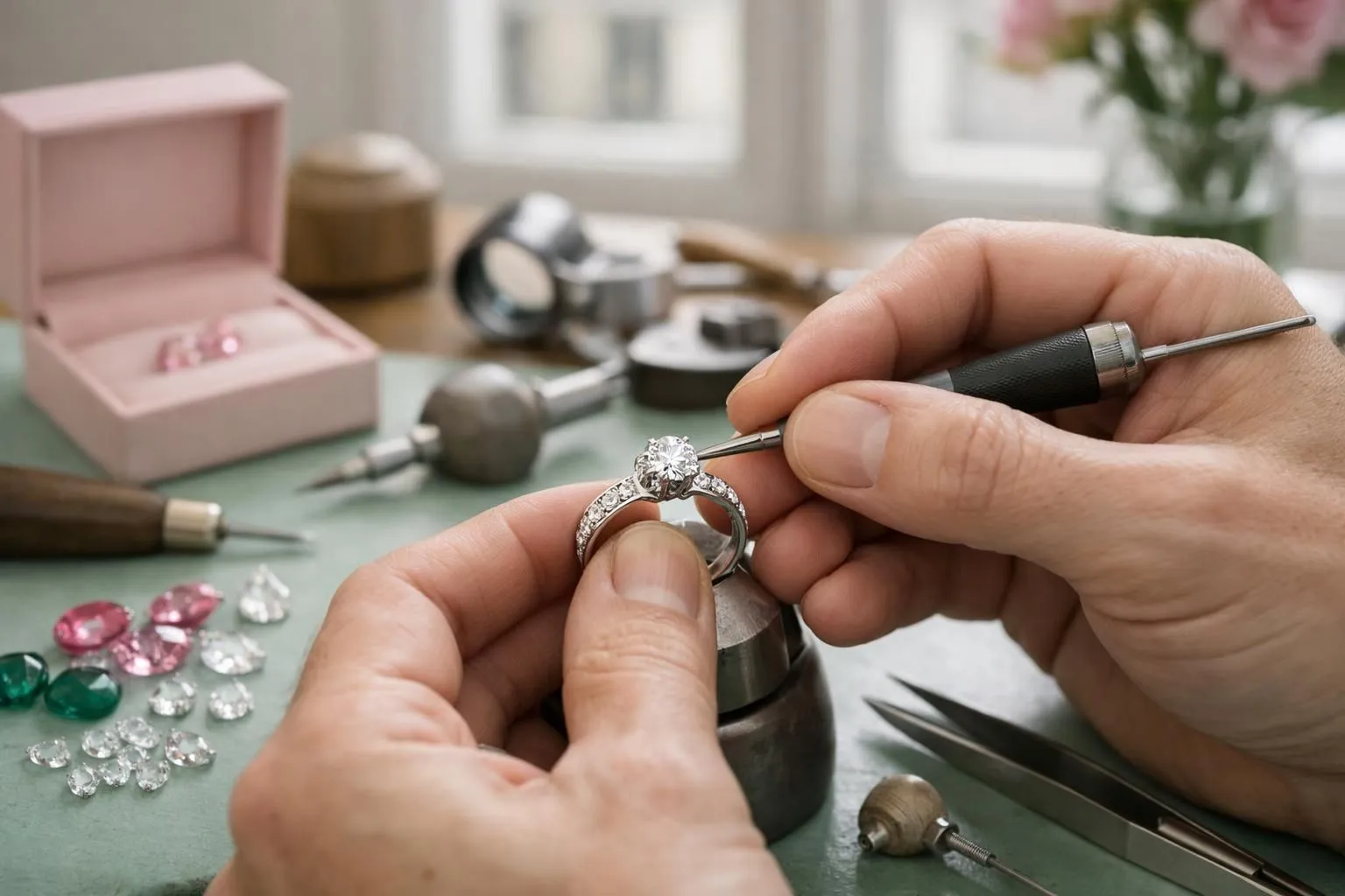 Master jeweler's hands carefully setting a diamond into a platinum ring mount using precision tools, surrounded by gemstones and crafting instruments in a bright Parisian atelier