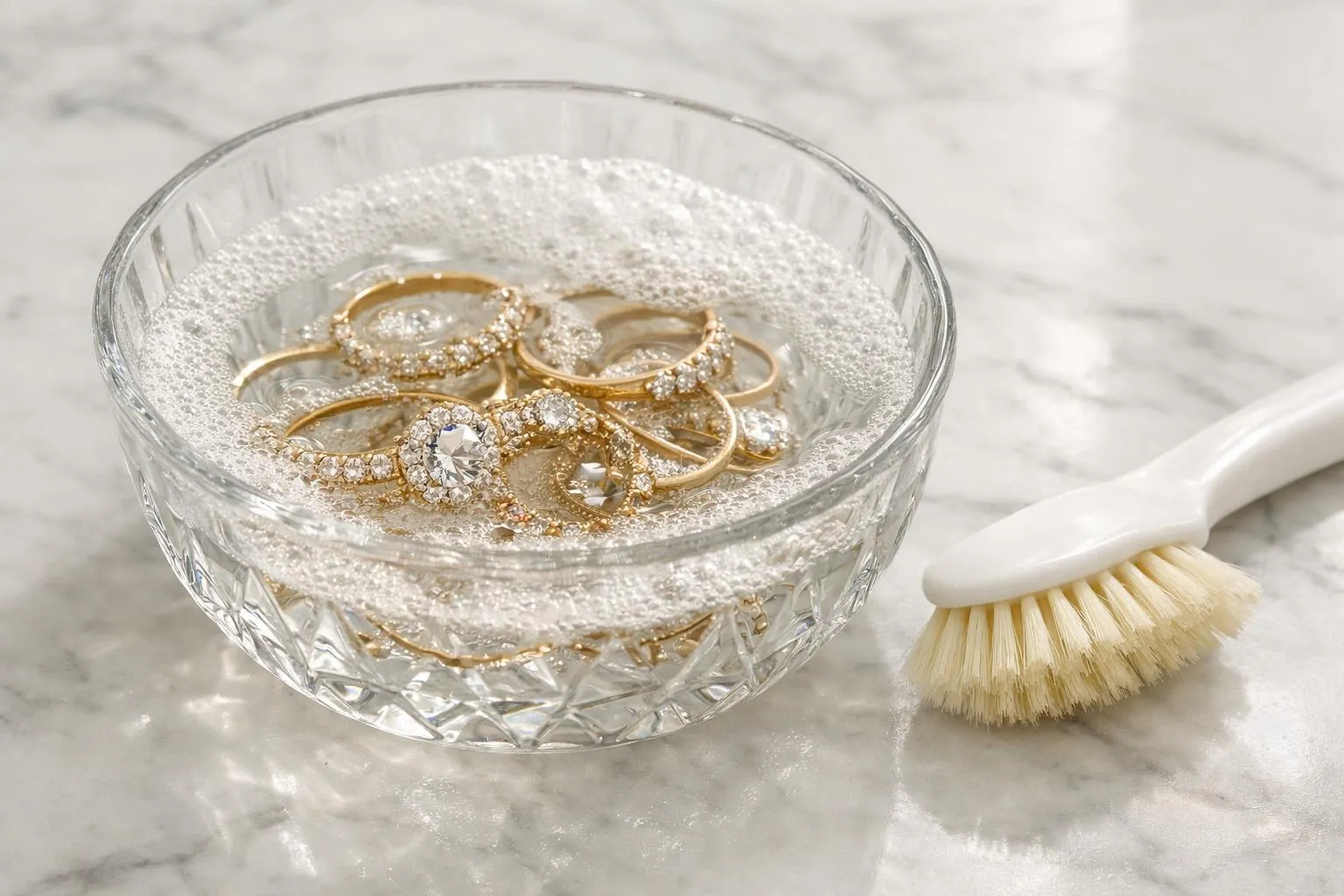 Des bijoux élégants en or et diamant trempent doucement dans un bol en cristal rempli d'eau savonneuse sur un comptoir en marbre blanc immaculé, avec une brosse de nettoyage à poils doux à côté.