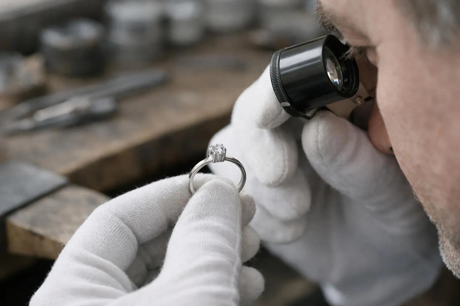 Gros plan professionnel d'une main gantée de blanc tenant une loupe de bijoutier pour examiner minutieusement les griffes en or blanc d'une bague solitaire diamant, lumière naturelle d'atelier, établi de joaillier en arrière-plan flou avec outils d'orfèvre