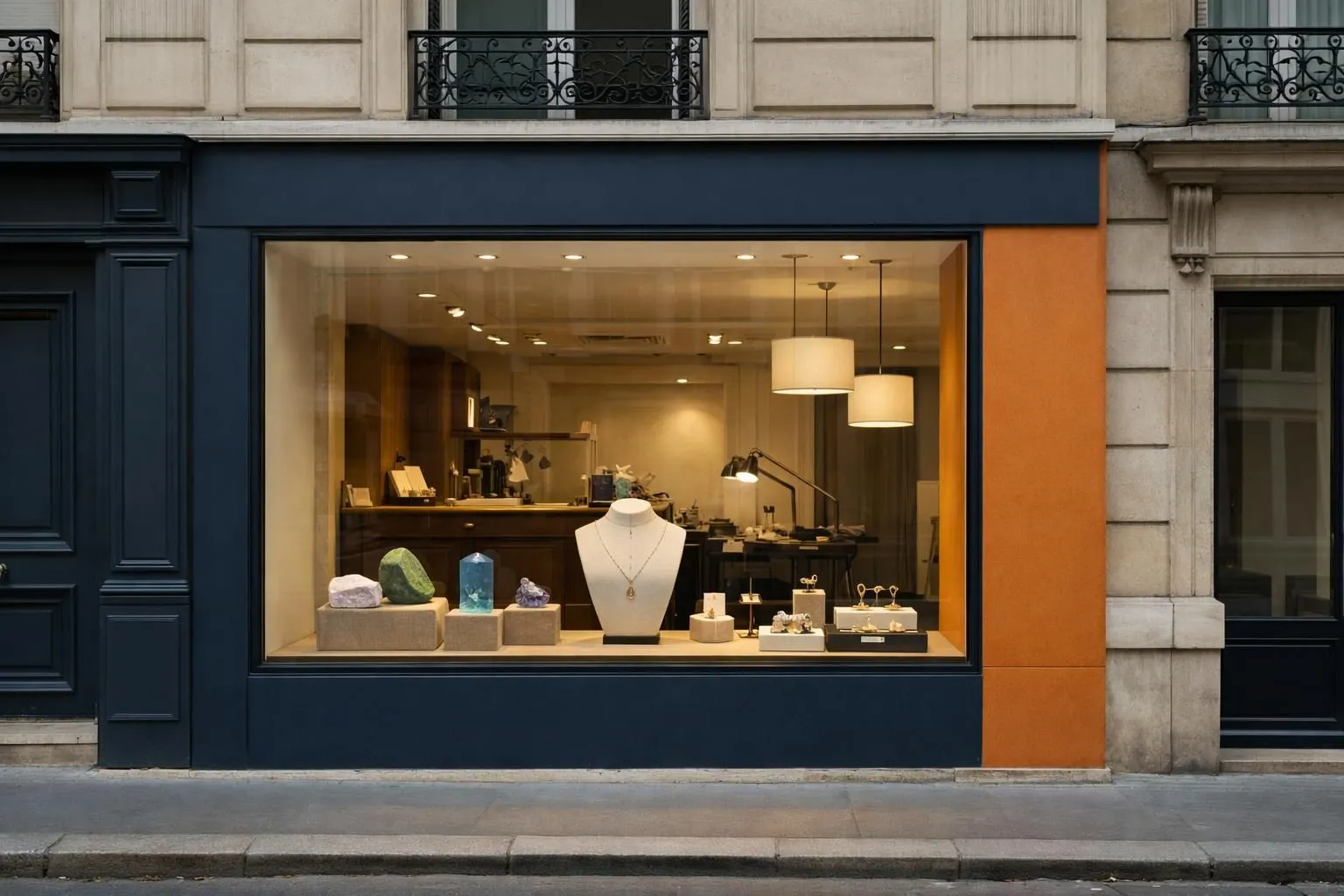 Refined jewelry workshop storefront on elegant Parisian Left Bank street with classic Haussmannian architecture, featuring discreet window display showcasing precious gemstones and handcrafted pieces under warm lighting
