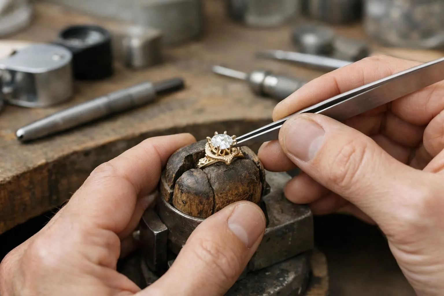 Close-up view of skilled jeweler's hands carefully setting a precious gemstone into a custom gold ring mounting at a professional workbench with precision tools, magnifying equipment, and natural lighting in a luxury Parisian jewelry workshop