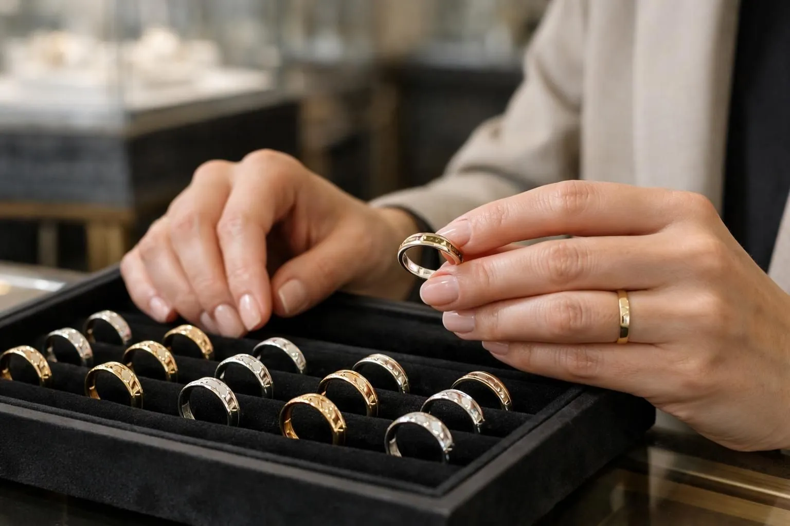 Gros plan sur des mains élégantes examinant attentivement plusieurs alliances en or et platine disposées sur un présentoir en velours noir dans une joaillerie parisienne haut de gamme, éclairage doux et raffiné, détails des métaux précieux visibles
