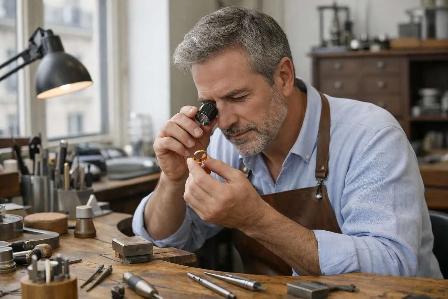 Joaillier professionnel examinant une alliance en or avec une loupe dans un atelier parisien élégant, outils de précision sur établi en bois, lumière naturelle douce, ambiance raffinée et artisanale
