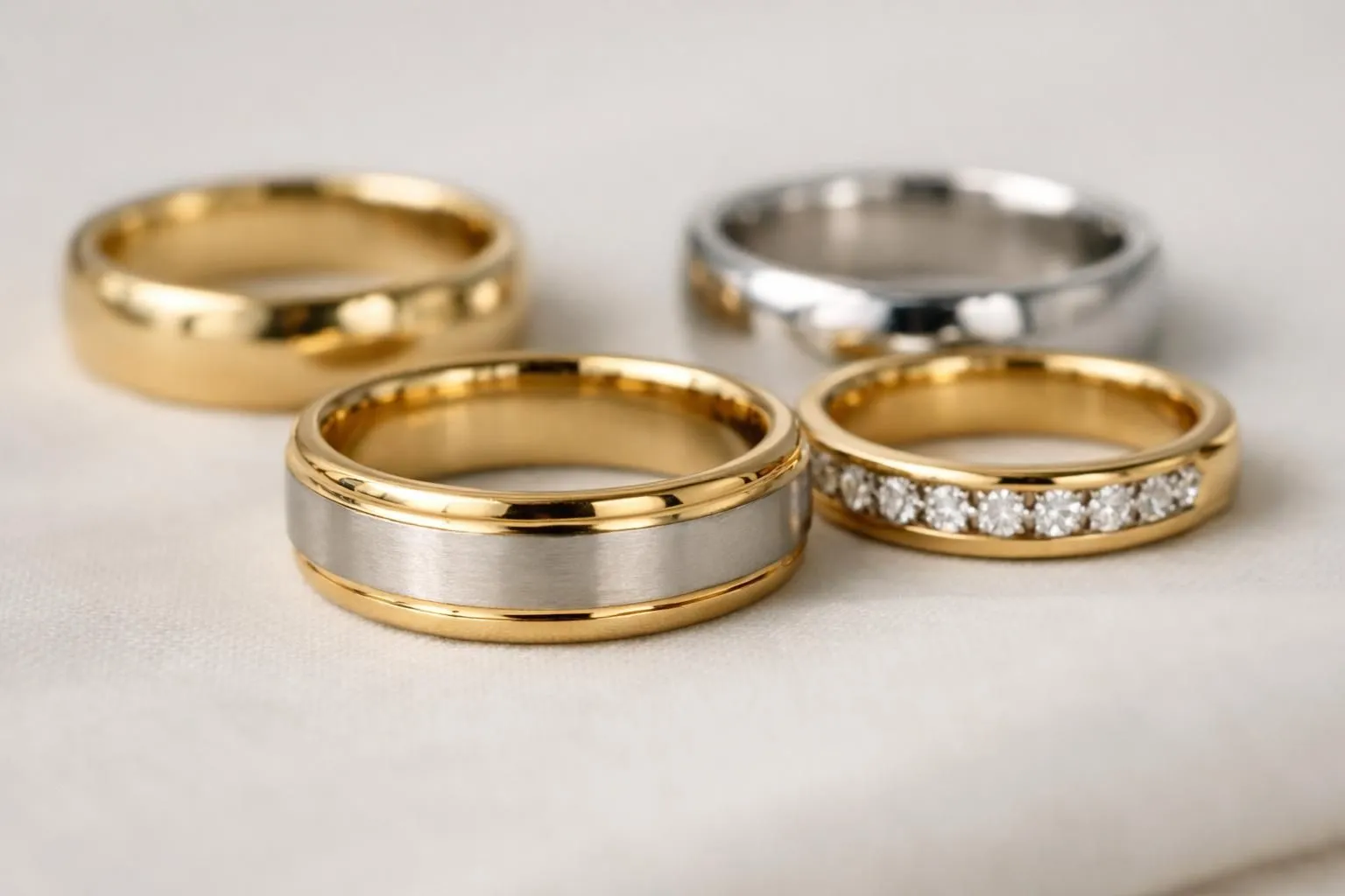 Gros plan professionnel sur trois alliances en or jaune, or blanc et platine posées sur velours noir, lumière rasante révélant les détails de finition et la qualité du polissage, aucun texte visible