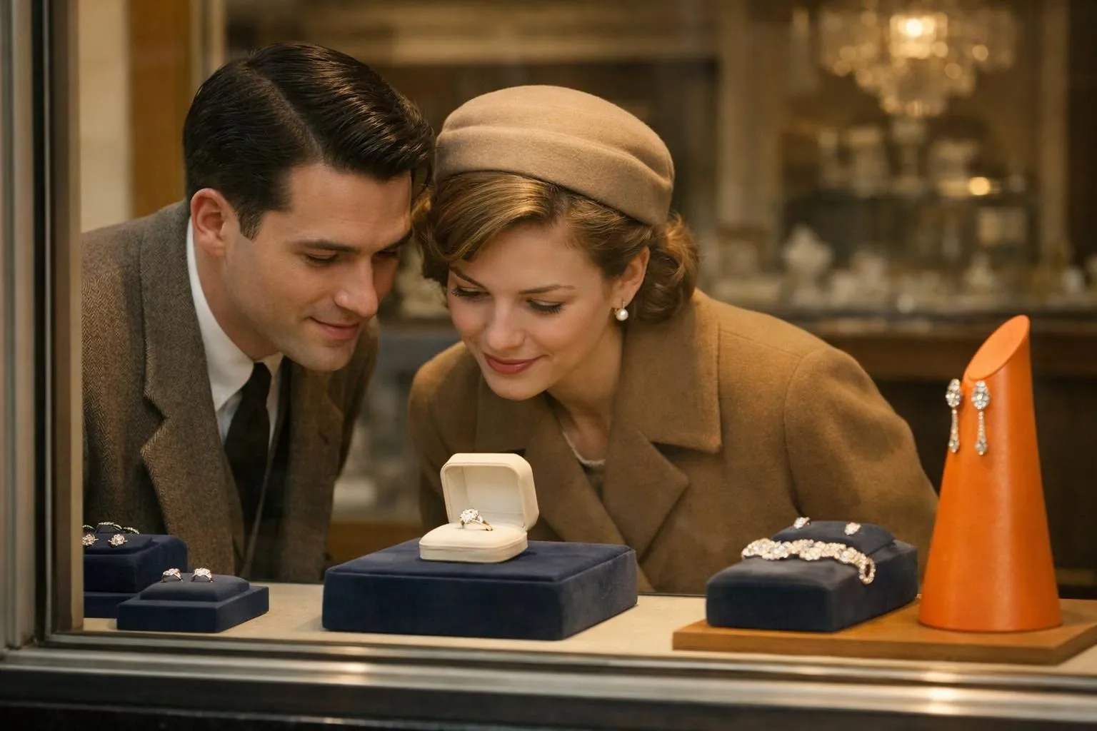 Vintage 1950s couple examining diamond engagement ring in elegant jewelry store window display, soft lighting with classic advertising aesthetic, romantic atmosphere typical of mid-century De Beers marketing campaigns