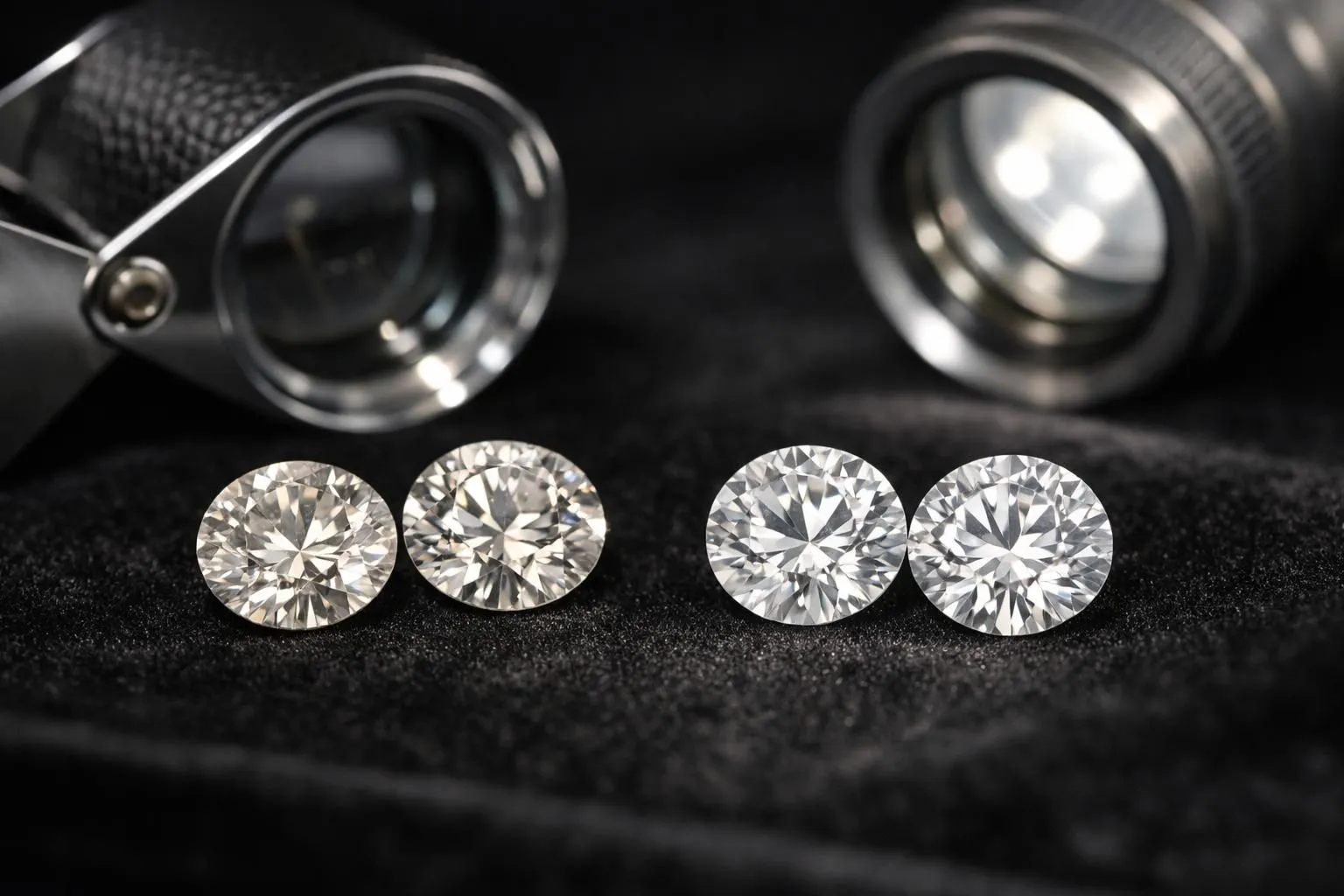 Close-up comparison of natural and laboratory-grown diamonds on black velvet surface under professional gemological lighting, showing identical brilliance and fire, with professional jeweler's loupe nearby, elegant luxury setting, photorealistic detail