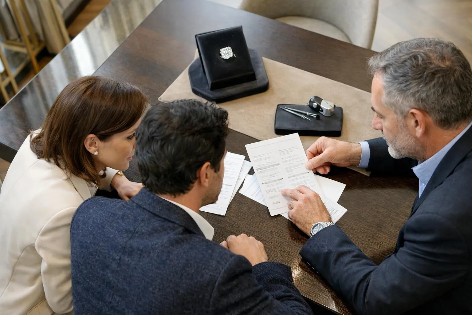 Sophisticated Parisian couple examining diamond certification documents with expert jeweler at elegant boutique table, magnifying loupe visible, natural daylight highlighting gemstone on velvet display, luxury interior with subtle gold accents