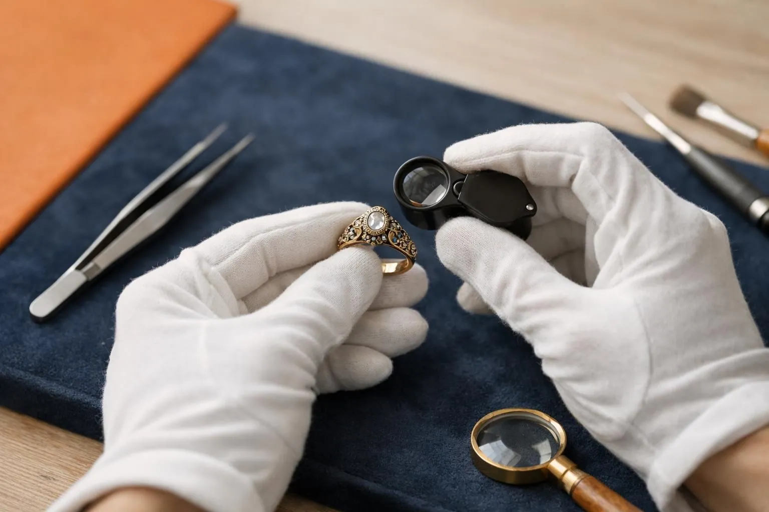 Close-up of skilled hands wearing white gloves carefully examining an ornate antique ring with magnifying glass on a velvet jeweler's mat, with delicate restoration tools visible in soft natural light, luxury workshop setting