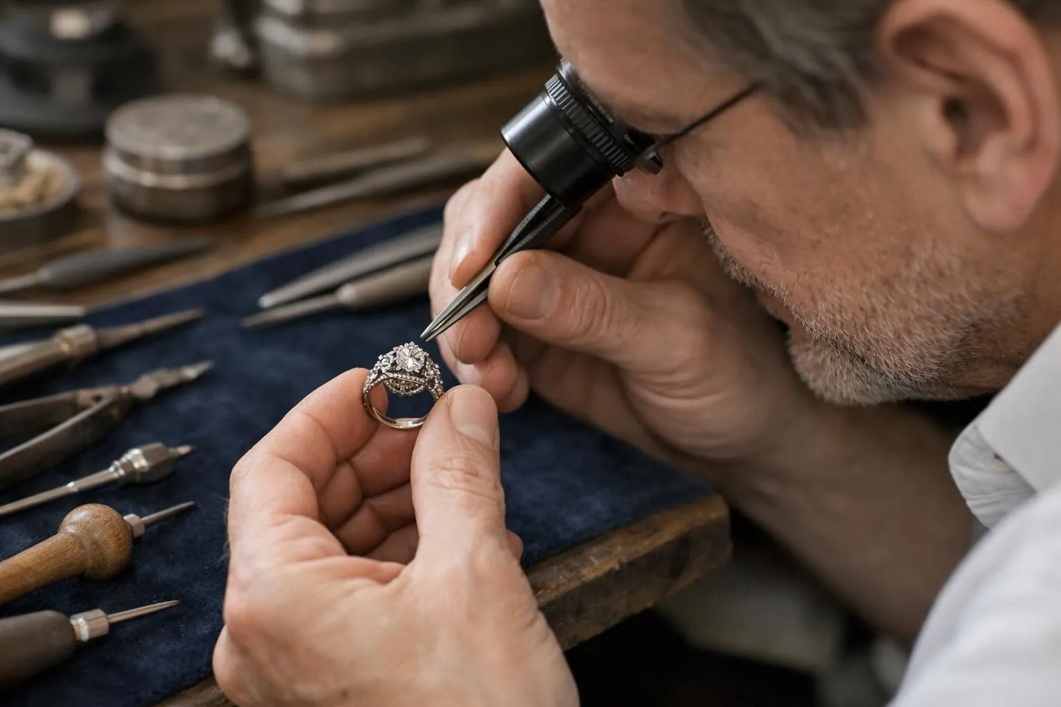 Close-up of a skilled jeweler's hands delicately restoring an antique diamond ring using professional tools under magnifying glass, with vintage precious stones and restoration equipment on a velvet-covered workbench in a luxury Parisian jewelry atelier, warm natural lighting highlighting the craftsmanship and precision work