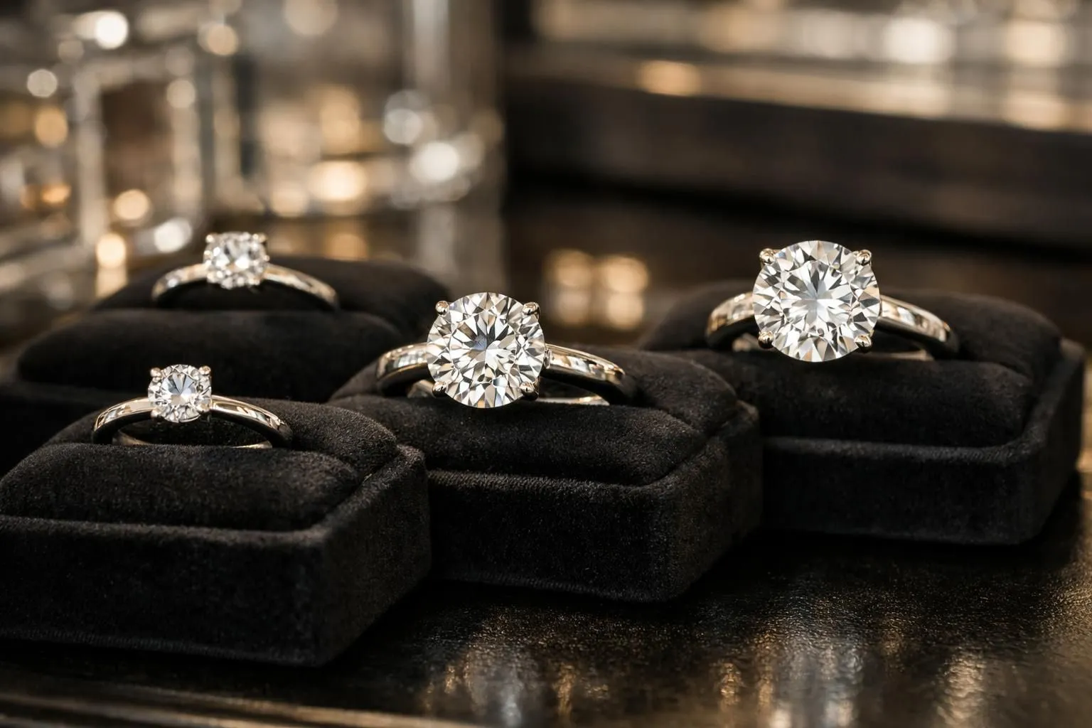 Close-up photograph of multiple engagement rings with various diamond sizes displayed on elegant black velvet cushions inside a luxury Parisian jewelry boutique, with soft warm lighting highlighting the sparkle of the stones and precious metal bands