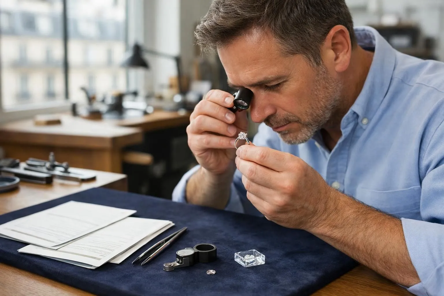 Close-up of jeweler examining diamond with precision loupe next to GIA certification papers and color grading cards on velvet-covered workbench in Parisian atelier