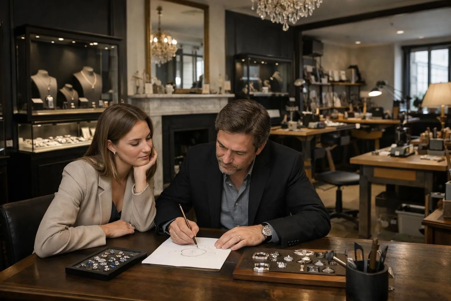 Split scene showing left side: elegant Parisian jewelry boutique display with ready-made engagement rings in glass cases, right side: jeweler's hands sketching custom ring design on paper with client's hands pointing at drawings on wooden workbench in refined atelier setting with natural light