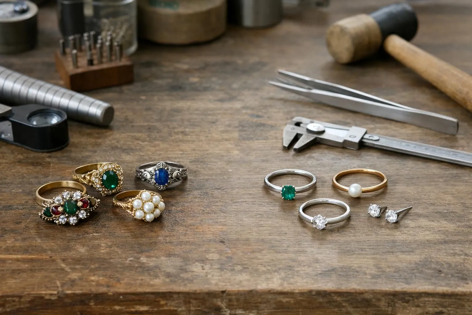 Close-up photograph of a jewelry workshop table showing vintage family heirloom rings with ornate settings next to modern minimalist redesigned versions, with jeweler's tools visible, soft natural lighting highlighting the contrast between old and new styles