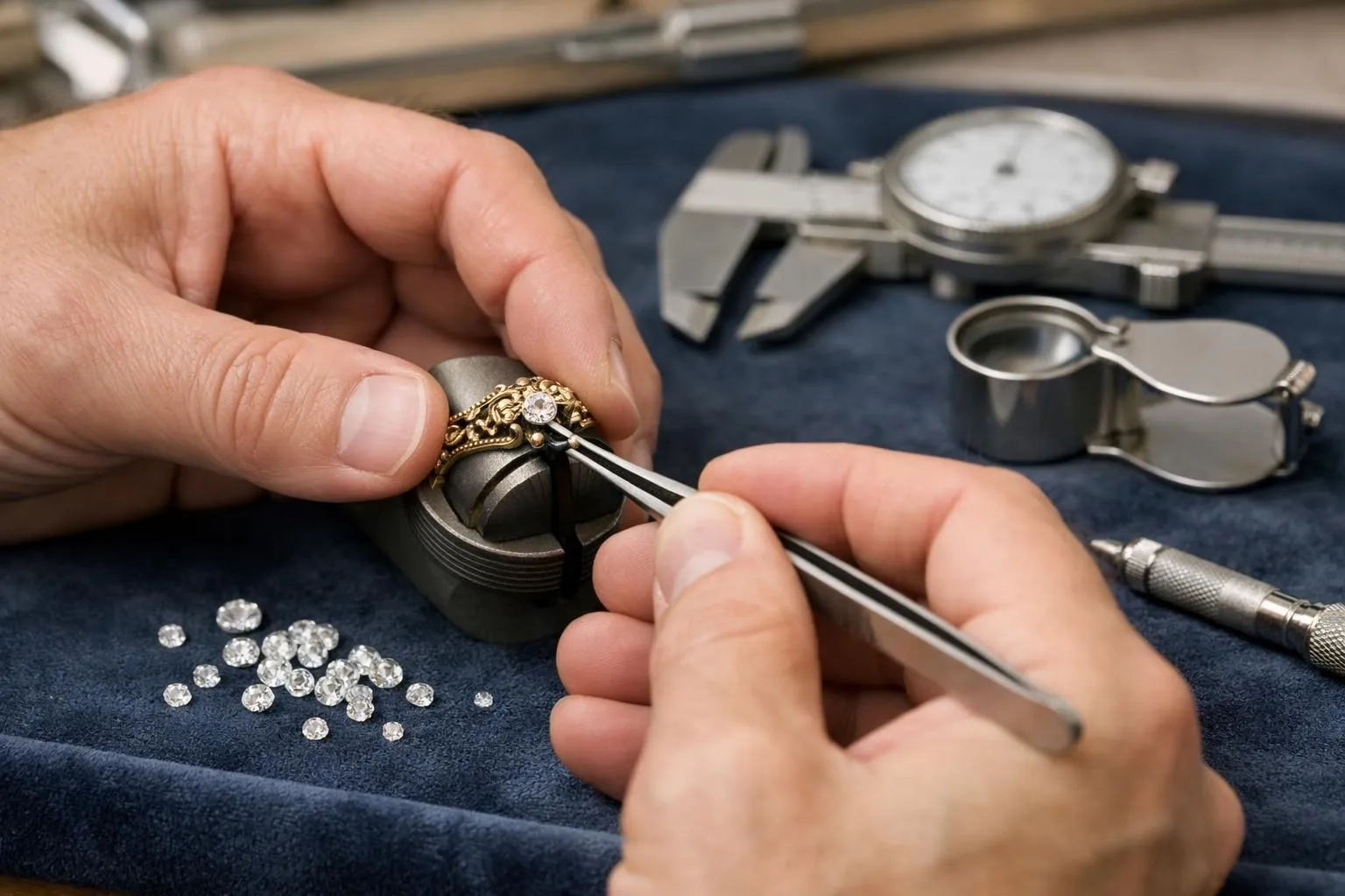 Close-up of skilled jeweler hands carefully extracting diamonds from an antique gold ring using precision tools on a velvet-lined professional workbench in a bright luxury atelier, with loose gemstones and measuring instruments visible