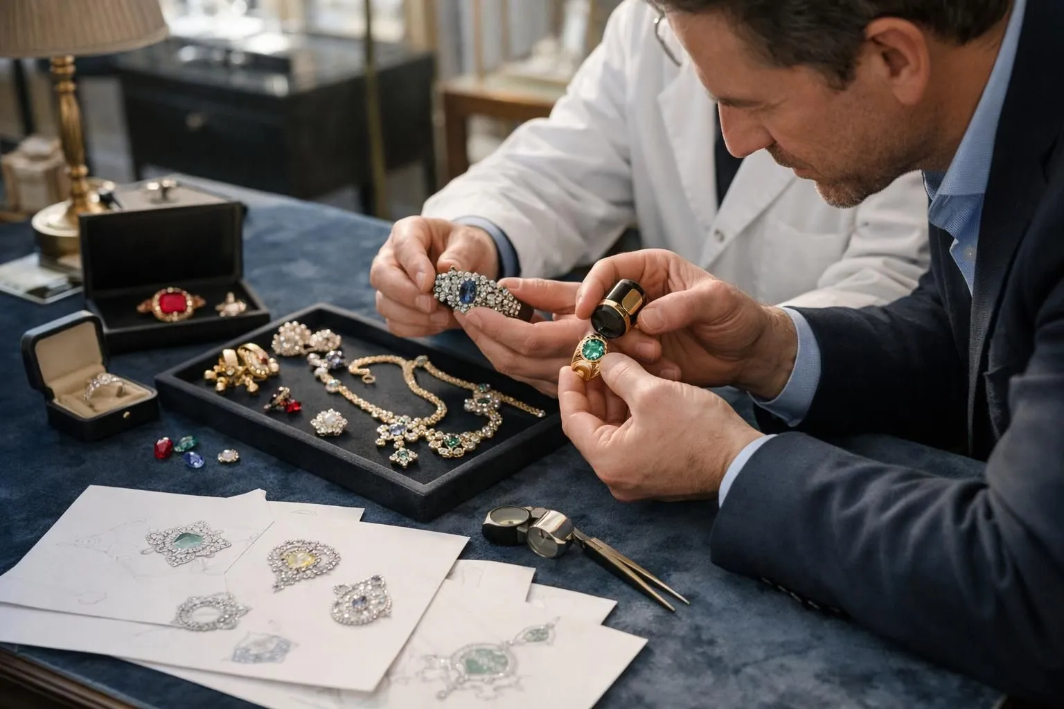 Luxury jewelry consultation scene in an elegant Parisian boutique with a jeweler and client examining vintage family jewelry pieces and design sketches on a velvet-lined desk, natural lighting highlighting gold pieces and gemstones, professional and intimate atmosphere