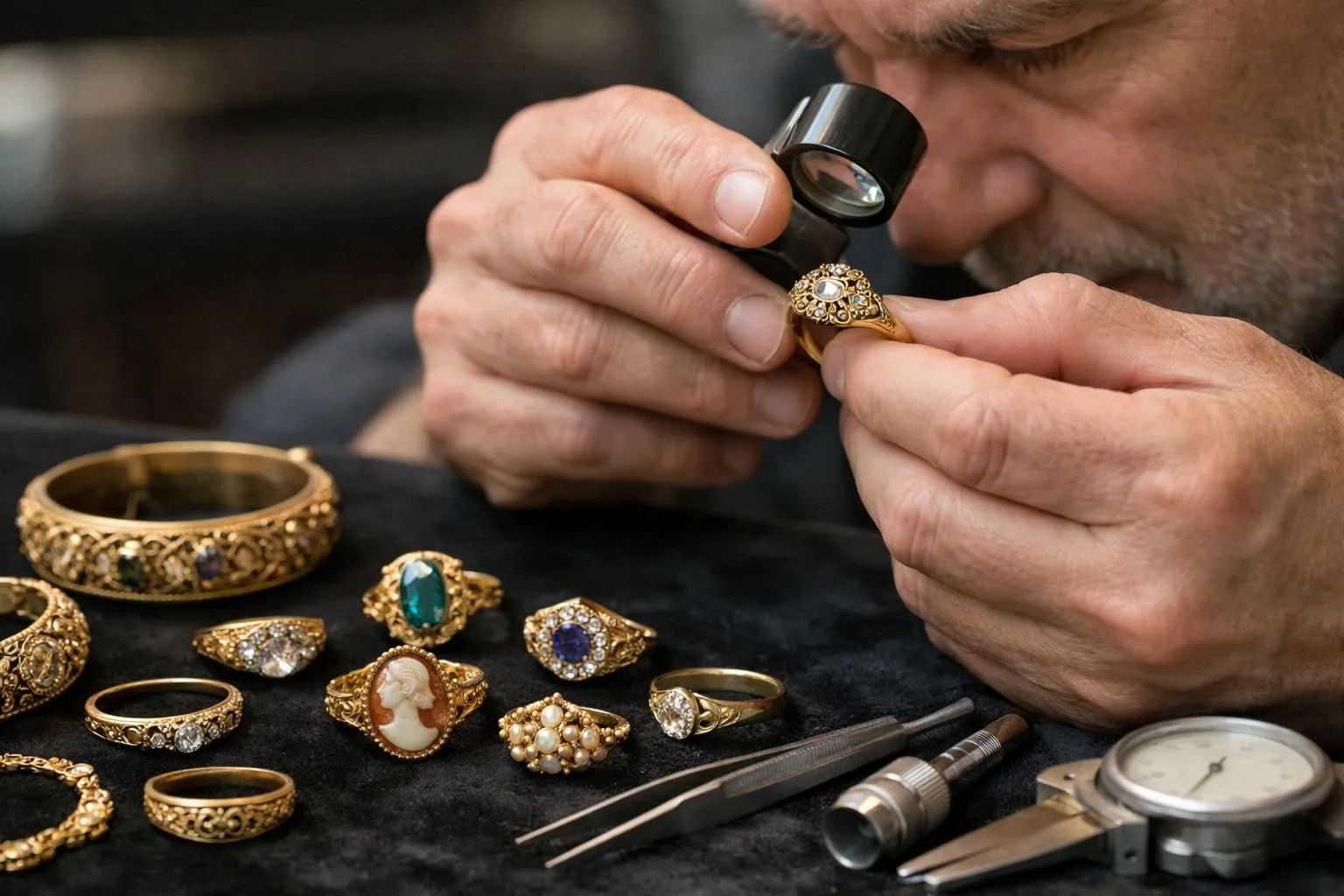 Close-up of expert jeweler's hands examining antique gold jewelry with magnifying loupe on dark velvet surface, vintage bracelets and rings visible in foreground with professional evaluation tools, sophisticated natural lighting highlighting craftsmanship details