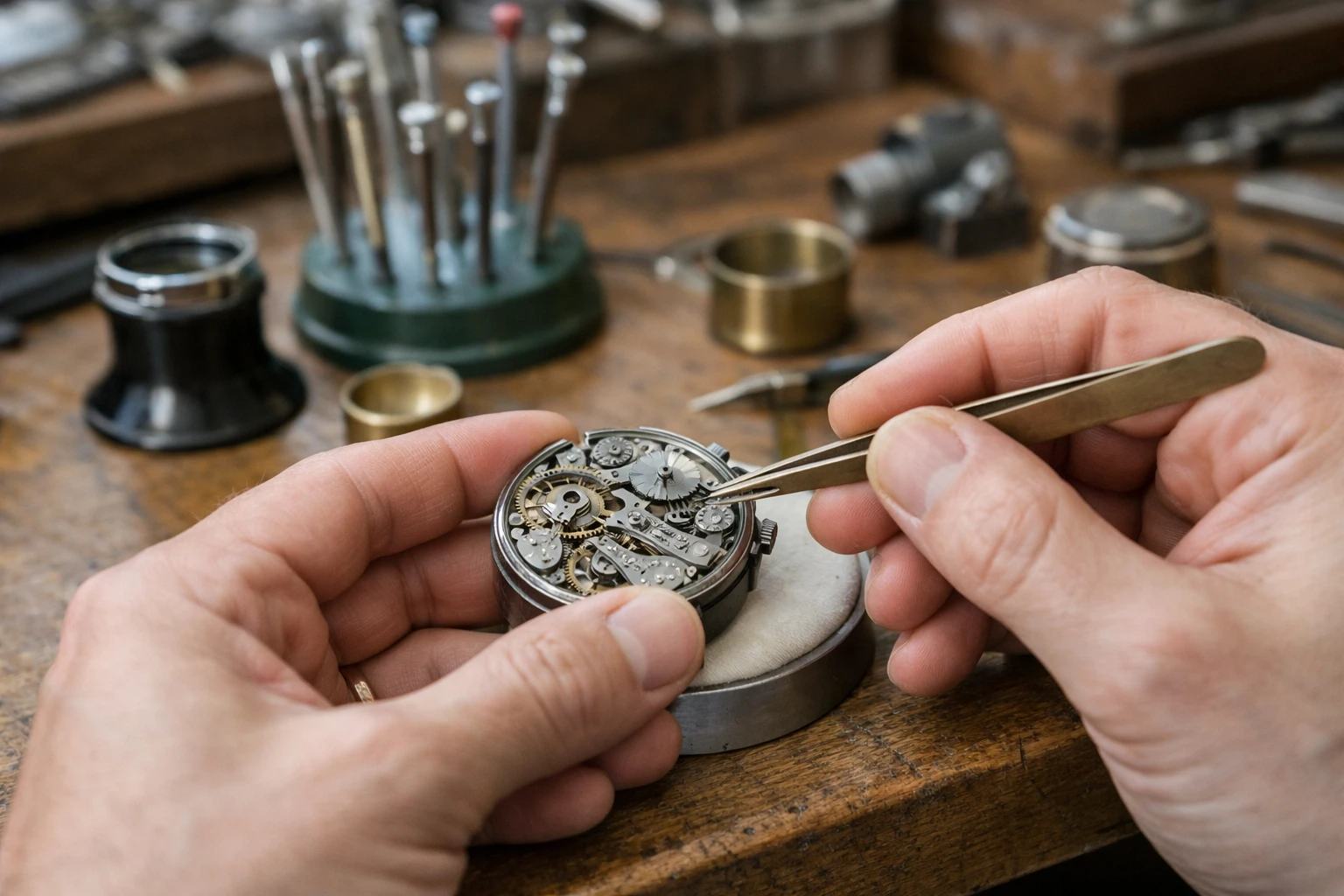 Gros plan sur les mains d'un maître horloger manipulant délicatement le mécanisme ouvert d'une montre de luxe vintage posée sur un établi en bois dans un atelier parisien traditionnel avec loupes et outils spécialisés visibles