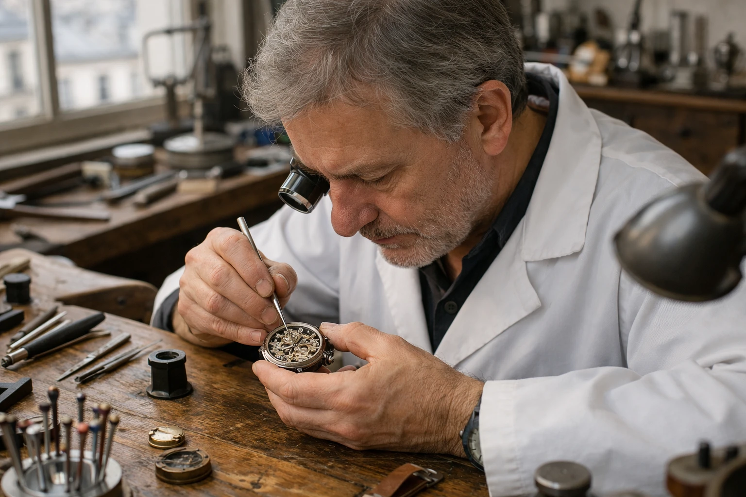 Artisan horloger en blouse blanche travaillant sur une montre de luxe ouverte sous loupe professionnelle dans atelier parisien authentique avec établi en bois, outils d'horlogerie traditionnels et lumière naturelle douce filtrant par une fenêtre, ambiance élégante et concentrée