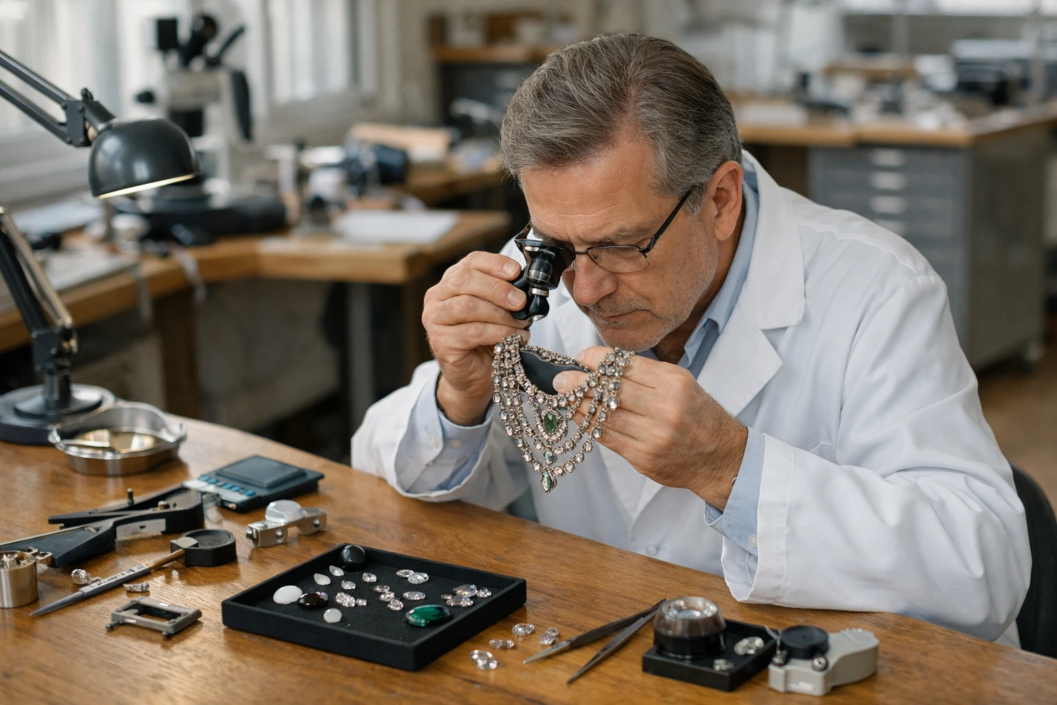 Expert gemmologue en blouse blanche examinant attentivement un collier ancien avec une loupe professionnelle dans un atelier de joaillerie parisien lumineux, avec des outils d'expertise disposés sur un bureau en bois