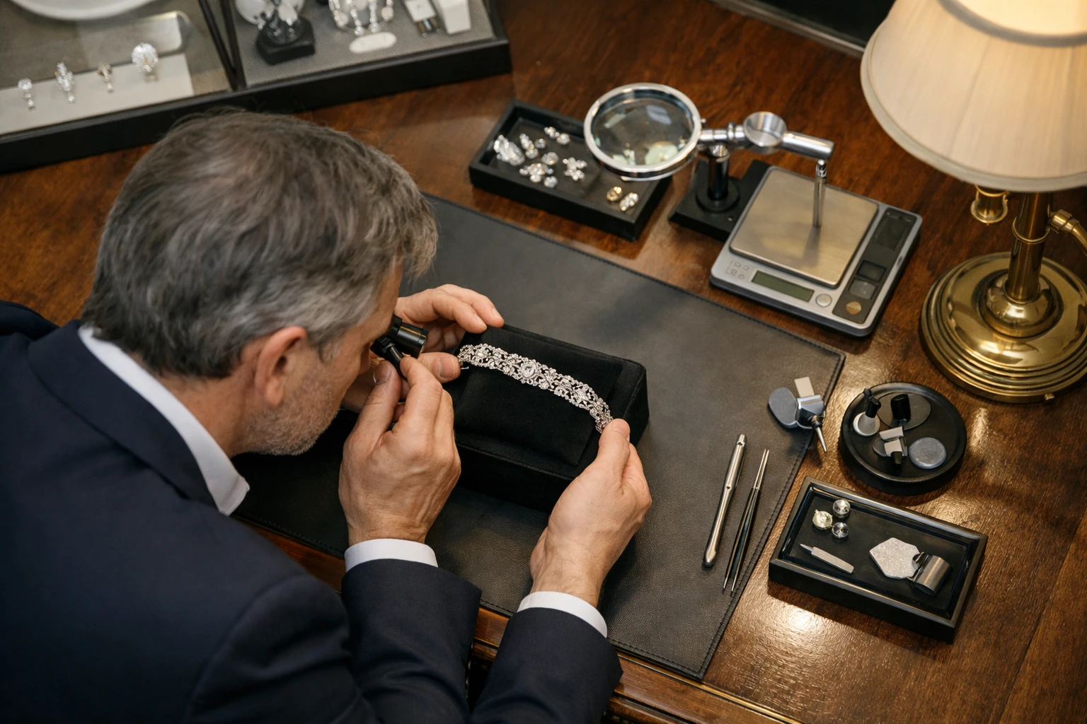 Expert joaillier professionnel dans un bureau parisien élégant examinant attentivement un bracelet ancien posé sur un présentoir en velours noir, avec des loupes professionnelles et des outils d'évaluation visibles sur le bureau, ambiance feutrée de confiance et de confidentialité, style photographique réaliste haut de gamme