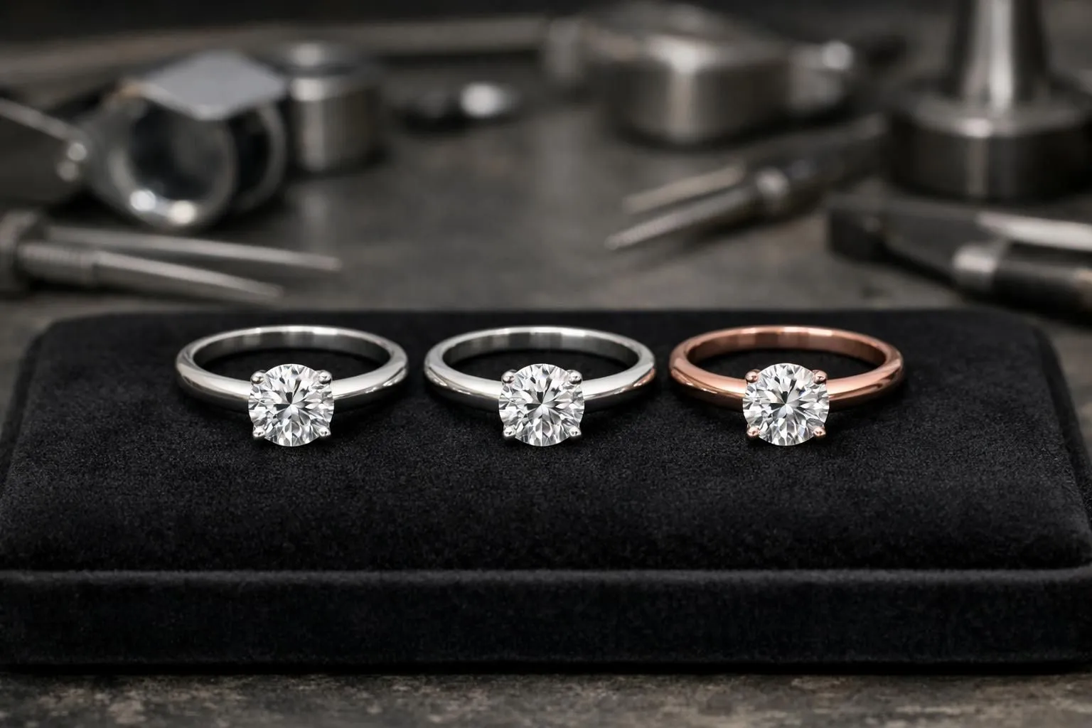 Elegant jewelry workshop scene showing three engagement rings side by side on black velvet - one platinum, one white gold, one rose gold - each featuring a brilliant diamond, with soft focused jeweler's tools in background, professional studio lighting highlighting metal textures and diamond brilliance