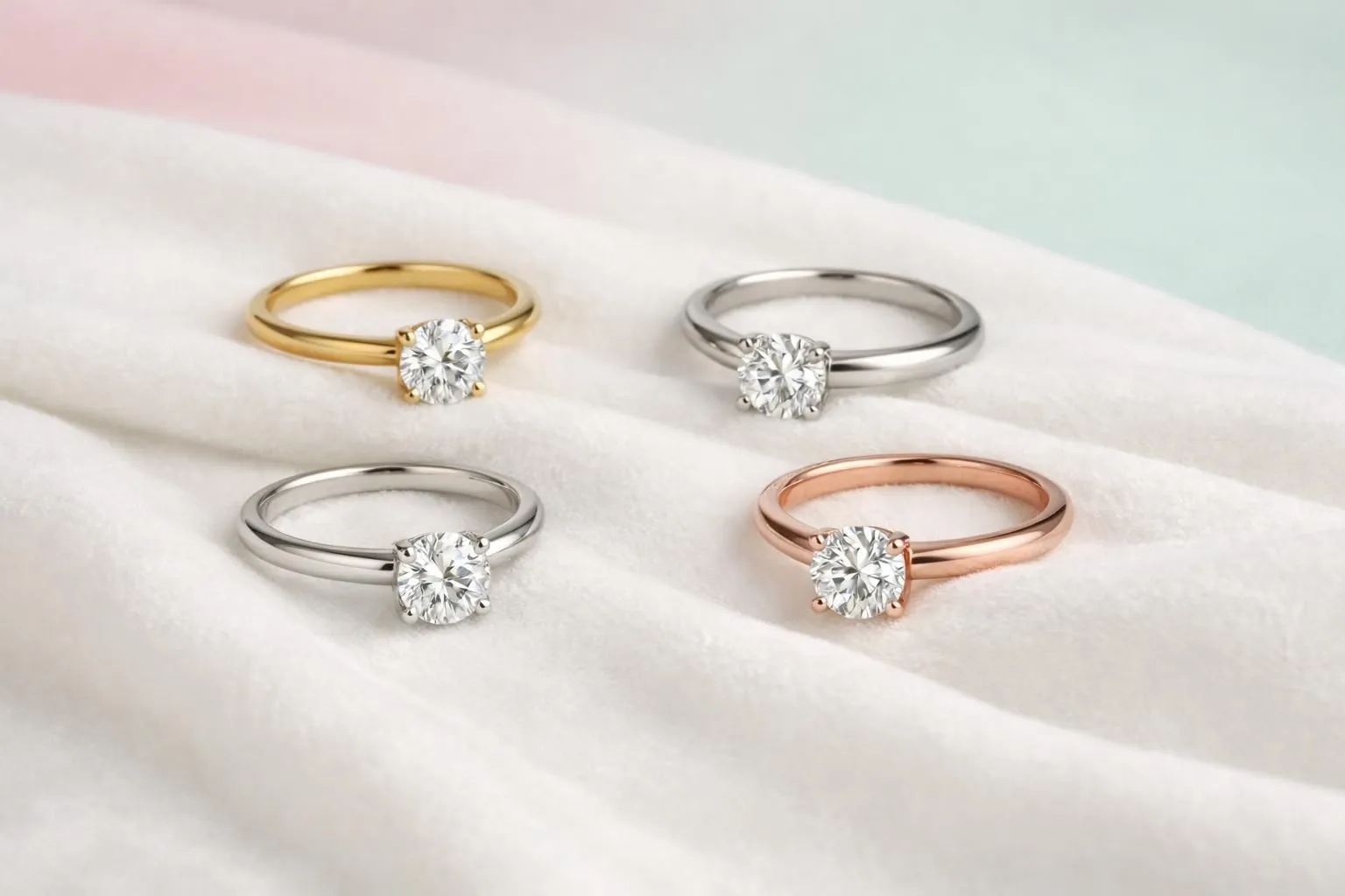 Four elegant engagement rings displayed on white velvet, each showcasing a different precious metal: yellow gold with warm honey tones, platinum with silvery-white brilliance, white gold with cool reflective surface, and rose gold with pinkish hue, each ring featuring a diamond solitaire, luxury jewelry photography with soft studio lighting, no text or labels