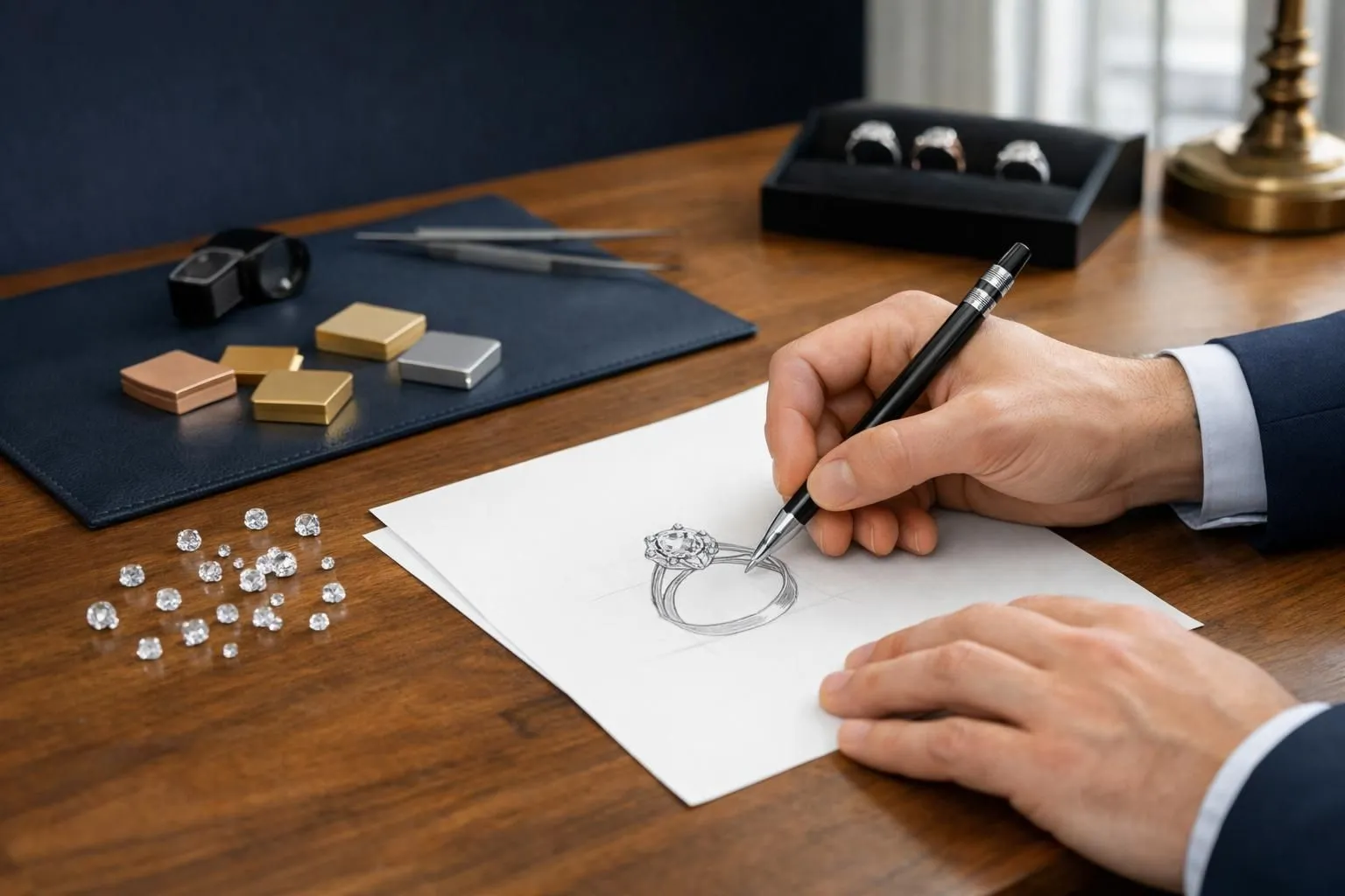 Close-up of jeweler's hands drawing custom ring design on paper with loose diamonds and gold samples on elegant wooden desk in Parisian atelier