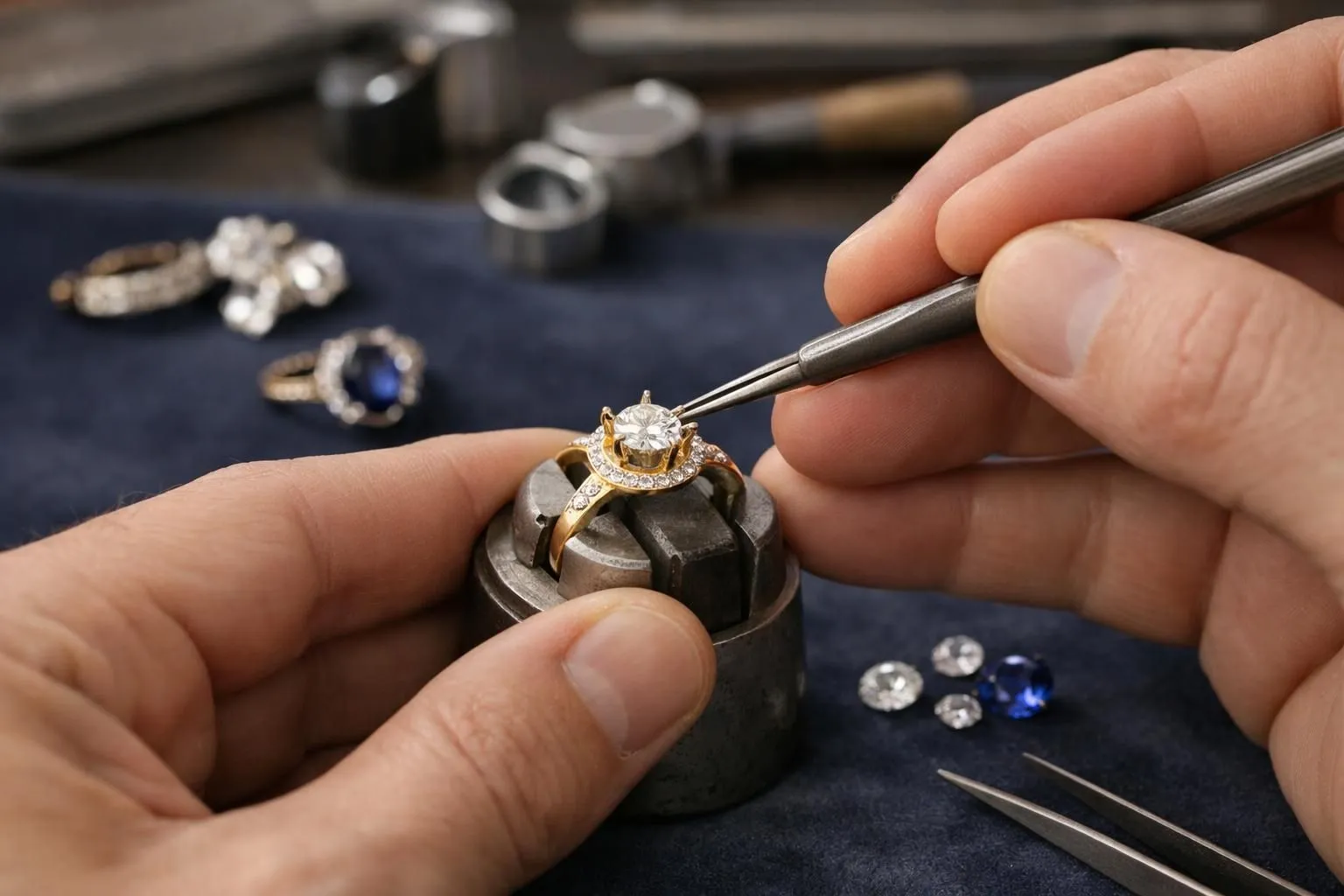 Close-up of master jeweler's hands meticulously setting a precious gemstone into a custom-designed gold ring using precision tweezers in a luxury atelier, with soft focused background showing other bespoke jewelry pieces and professional tools on velvet work surface