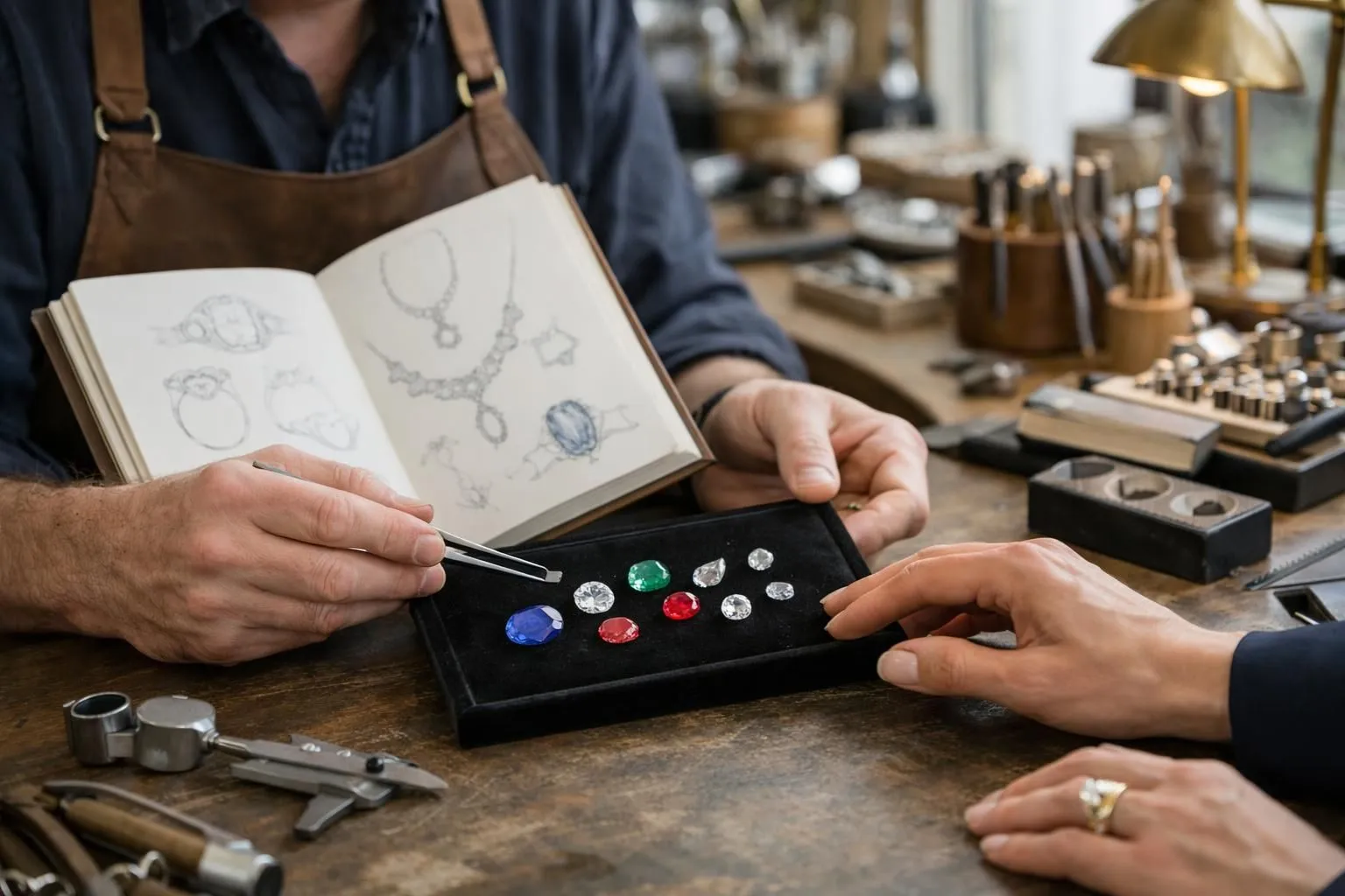 Elegant jewelry designer consulting with sophisticated client at polished wooden desk in luxury Parisian boutique, showing detailed sketches and loose gemstones in velvet trays, soft natural lighting highlighting craftsmanship tools and design samples
