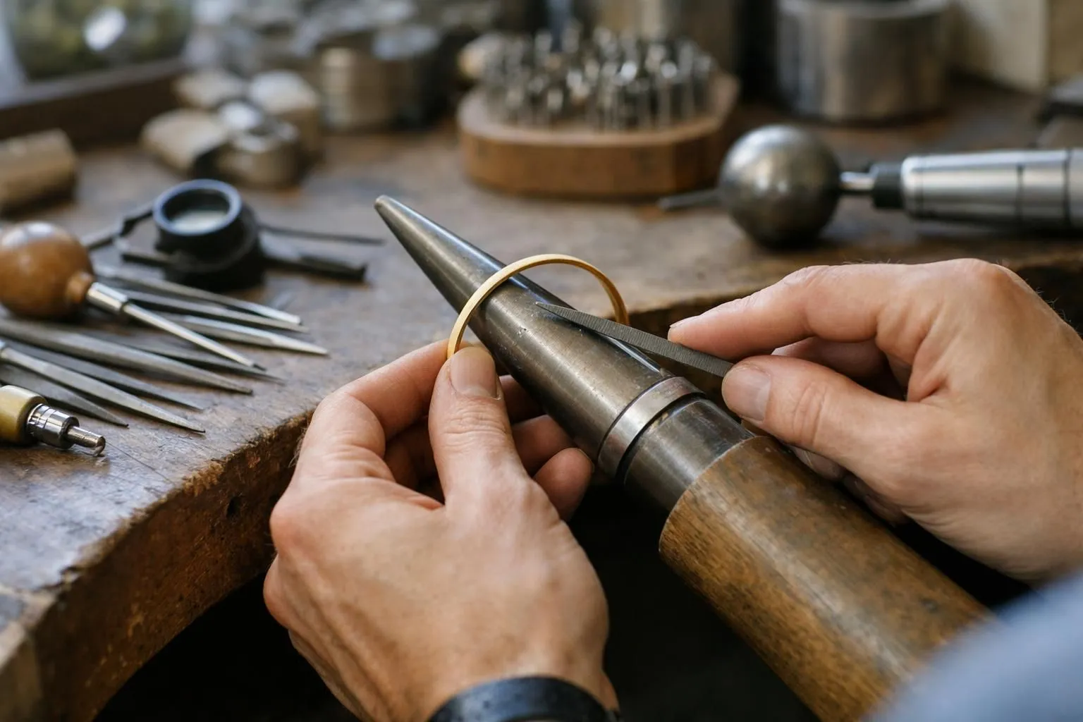 Close-up photograph of skilled jeweler hands using precision tools to craft elegant gold bangle bracelet on professional workbench in bright Parisian jewelry atelier, with gemstones and measuring instruments visible, natural daylight illuminating the meticulous artisan work, luxury craftsmanship atmosphere