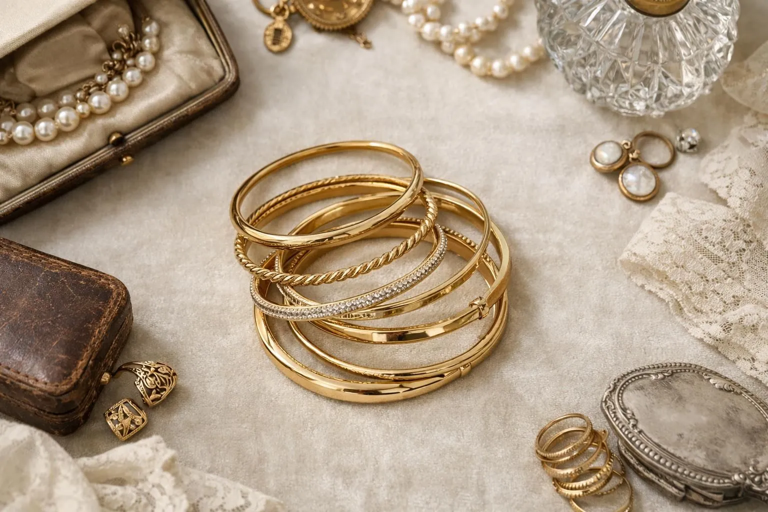 Elegant jewelry presentation with multiple generations examining heirloom gold bangle bracelets on velvet display, symbolizing heritage and investment value in luxury jewelry