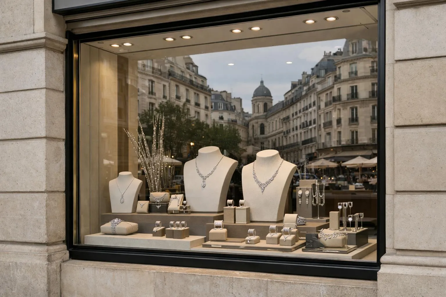 Elegant luxury jewelry boutique storefront at Place Saint-Sulpice in Saint-Germain-des-Prés Paris, featuring refined window display with high-end jewelry pieces, classic Parisian architecture with stone facade, sophisticated lighting, and pedestrians in upscale neighborhood. ABSOLUTELY NO TEXT, words, letters, numbers, signs, labels, logos, titles, or captions in the image.