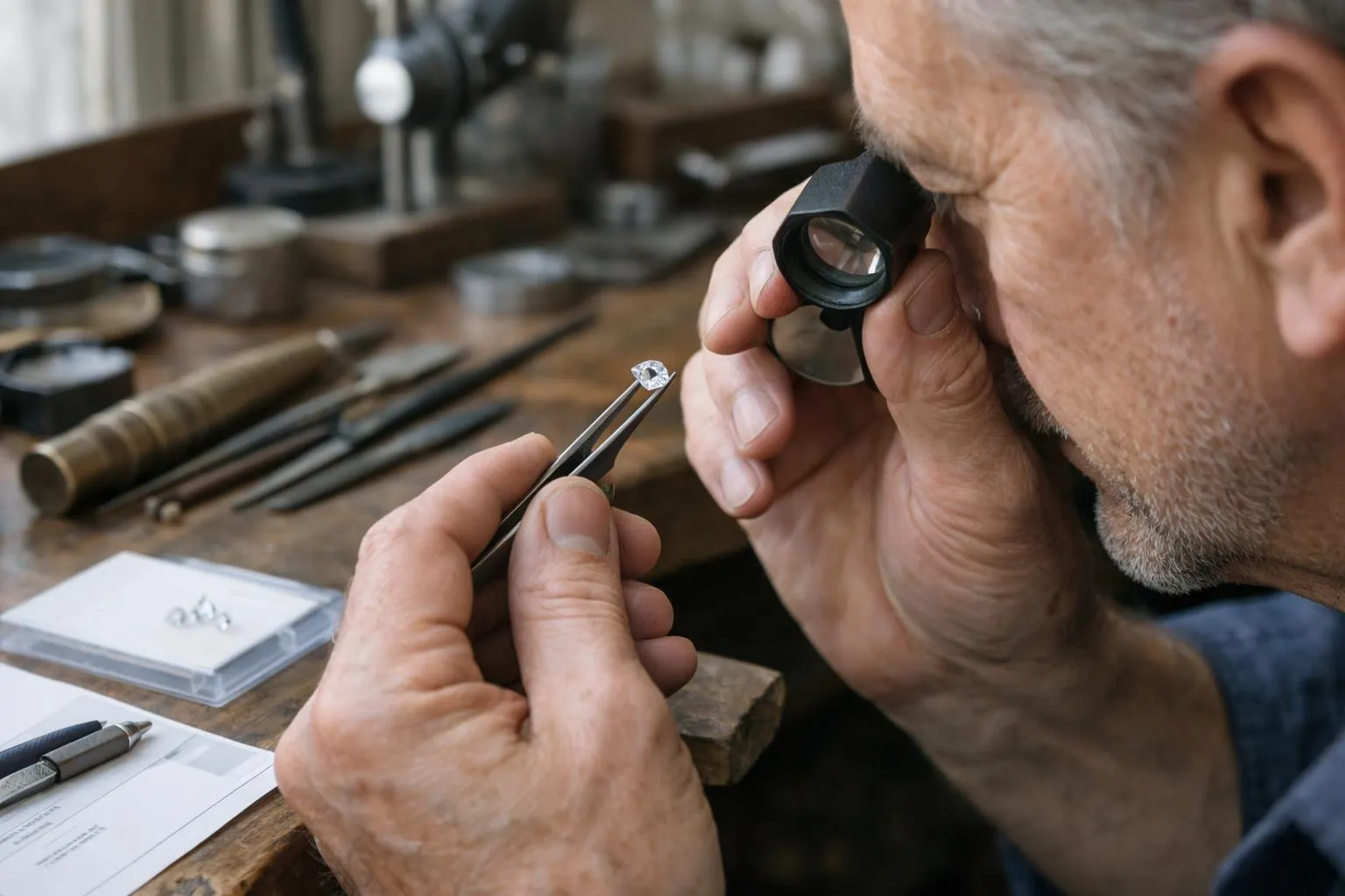 Close-up of experienced jeweler's hands examining diamond with loupe in Parisian workshop, surrounded by professional gemological tools and certification documents on wooden workbench, natural lighting revealing authentic craftsmanship
