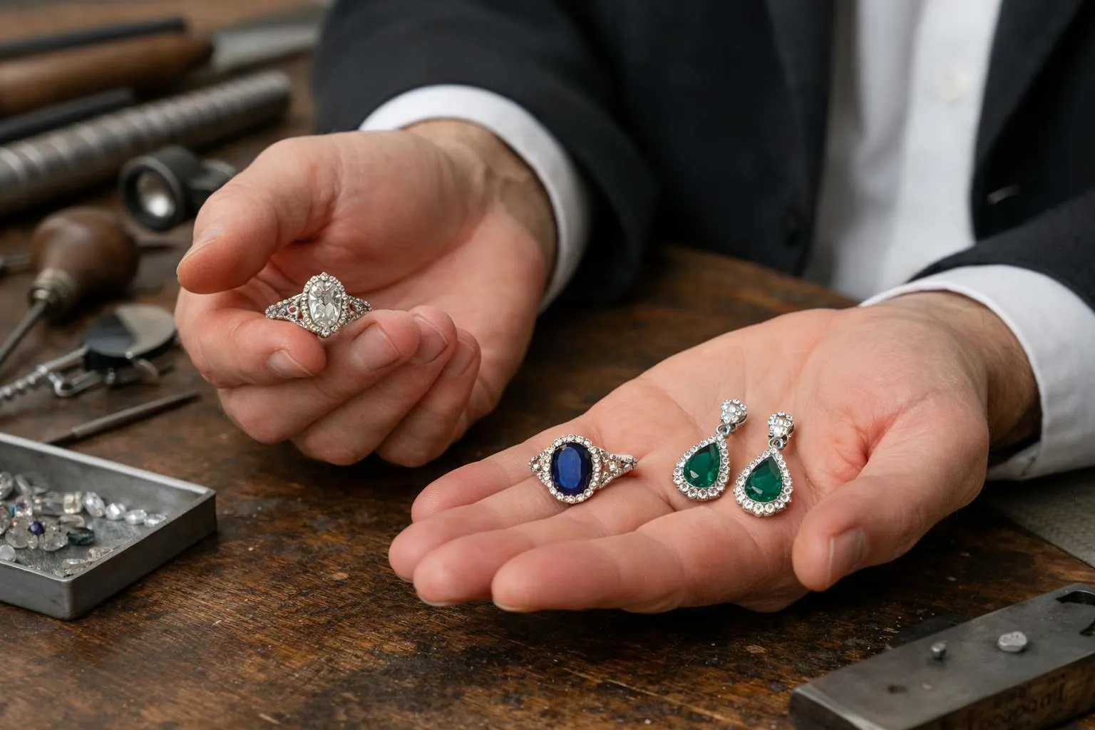 Mains d'un bijoutier tenant des bagues de fiançailles en diamants et pierres précieuses.