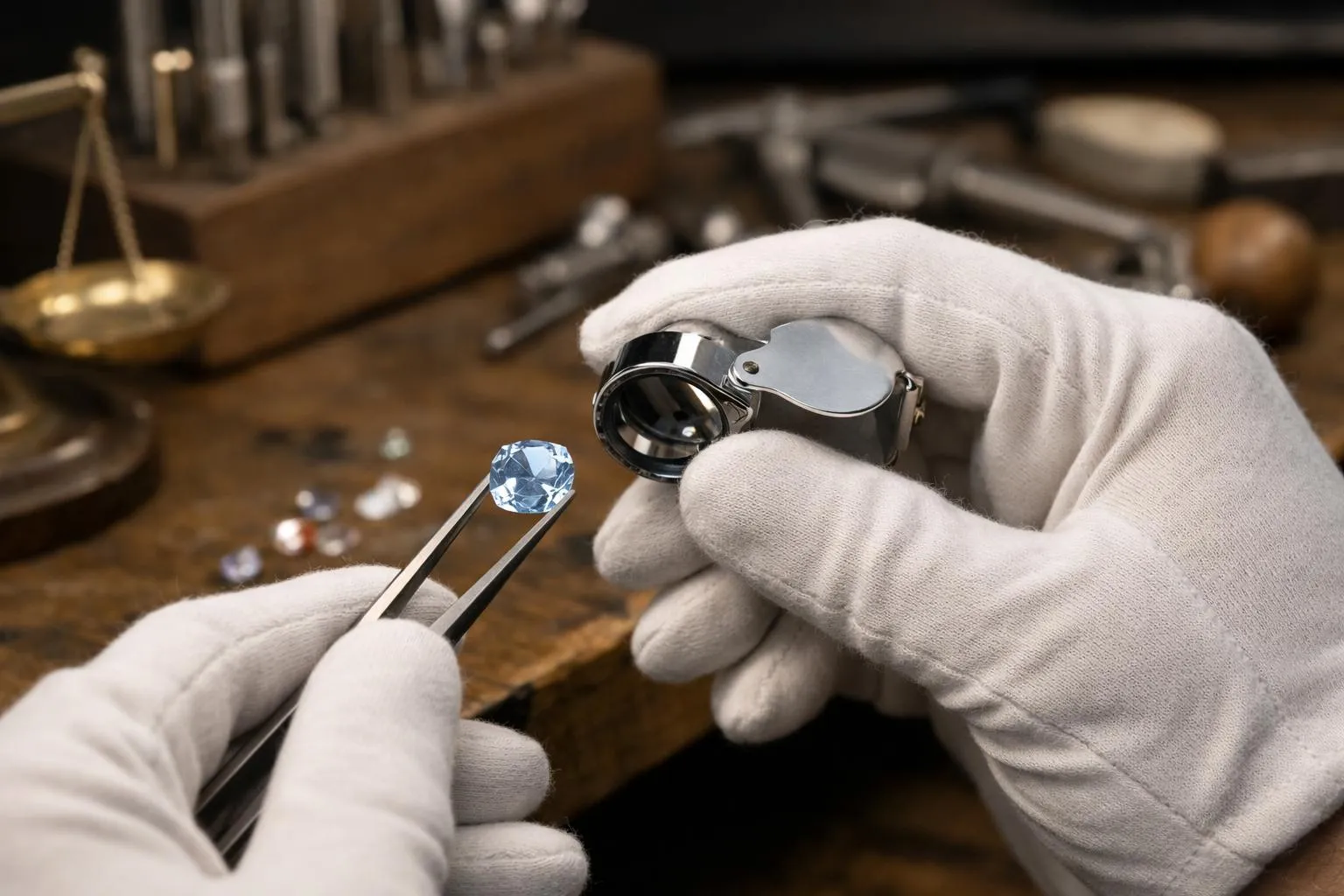 Gros plan sur un diamant taillé, examiné à la loupe par un joaillier.